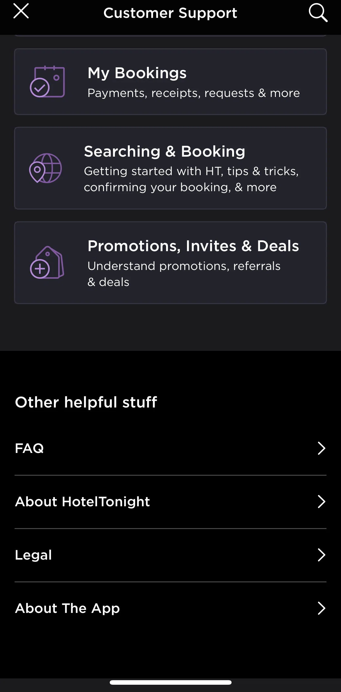 Hoteltonight Screen screen in the FAQs flow