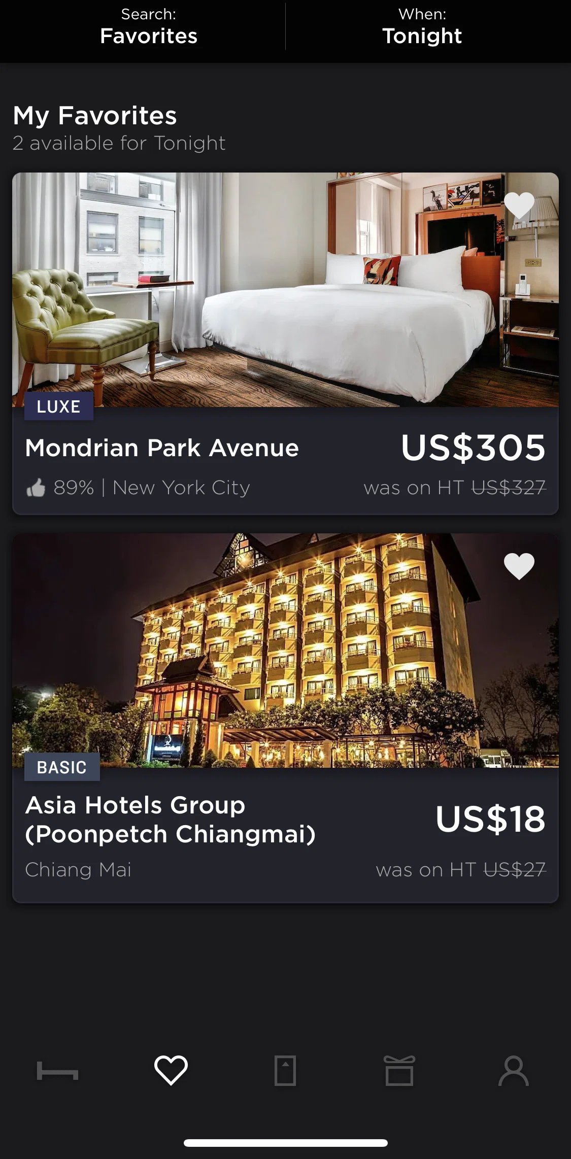 Hoteltonight Screen screen in the Favorites flow