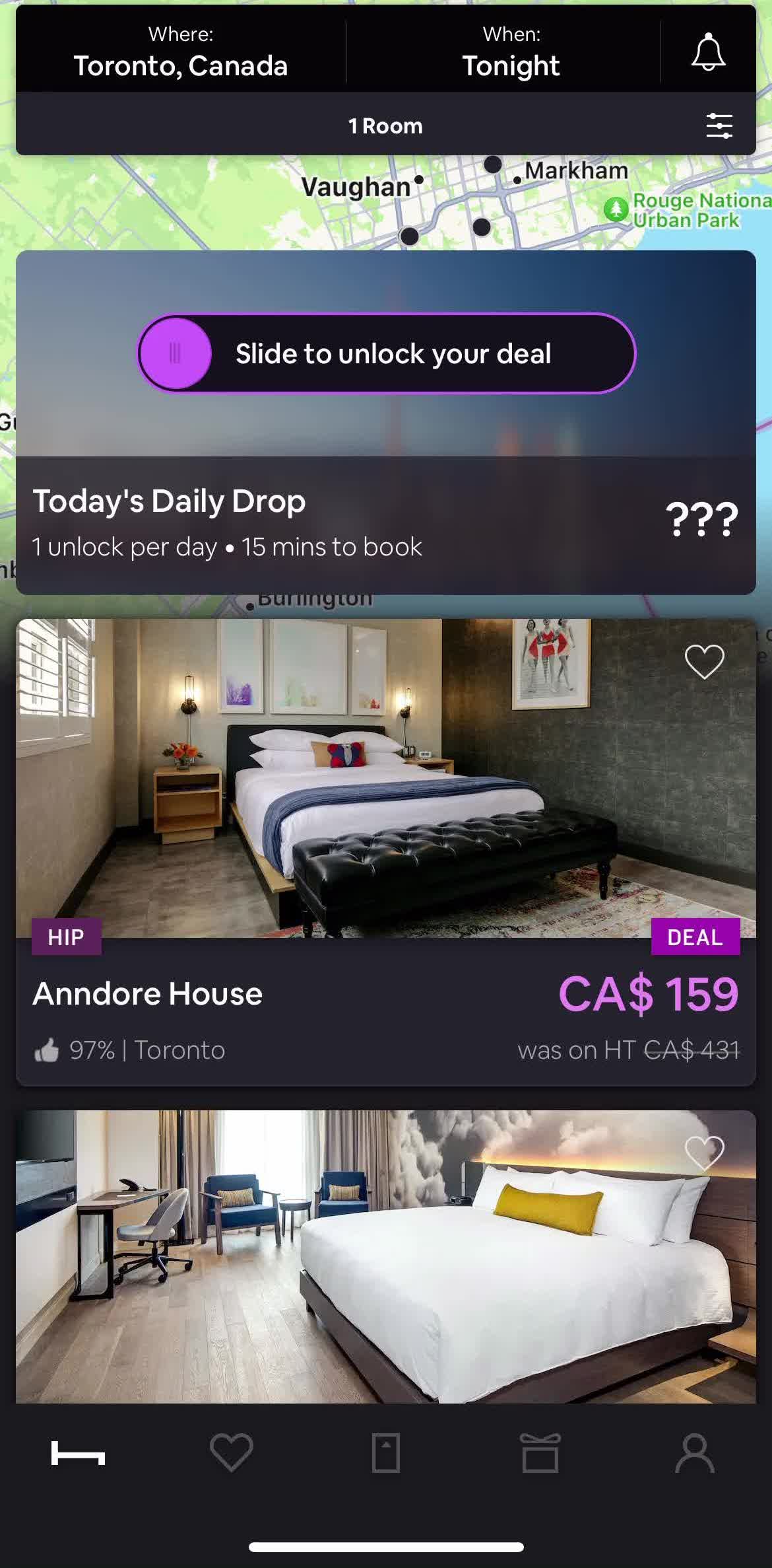 Hoteltonight Home screen in the Finding Hotels flow