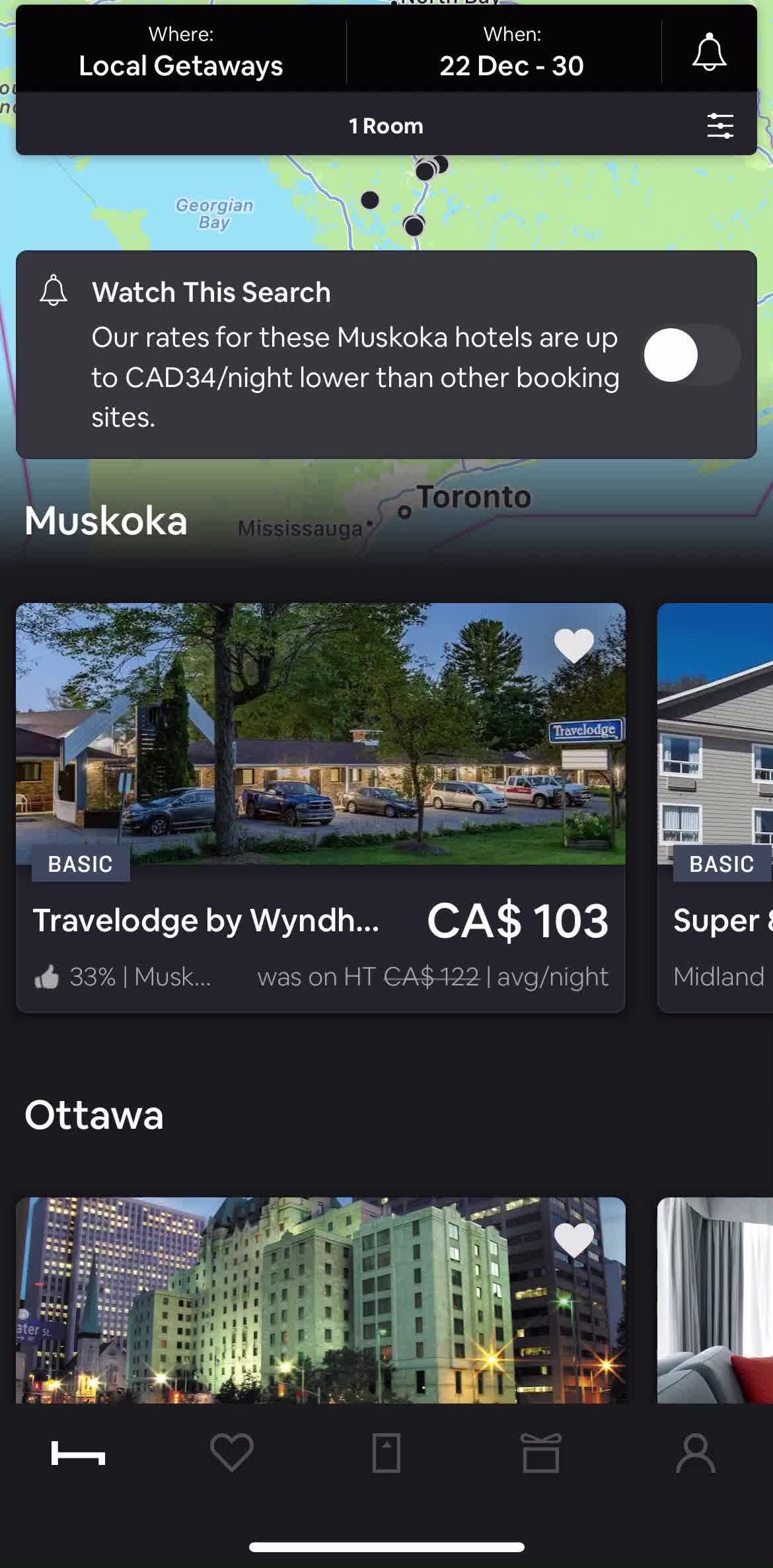 Hoteltonight Home screen in the General Browsing flow