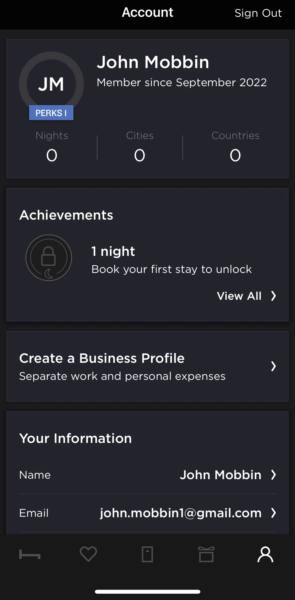 Hoteltonight Screen screen in the Profile flow