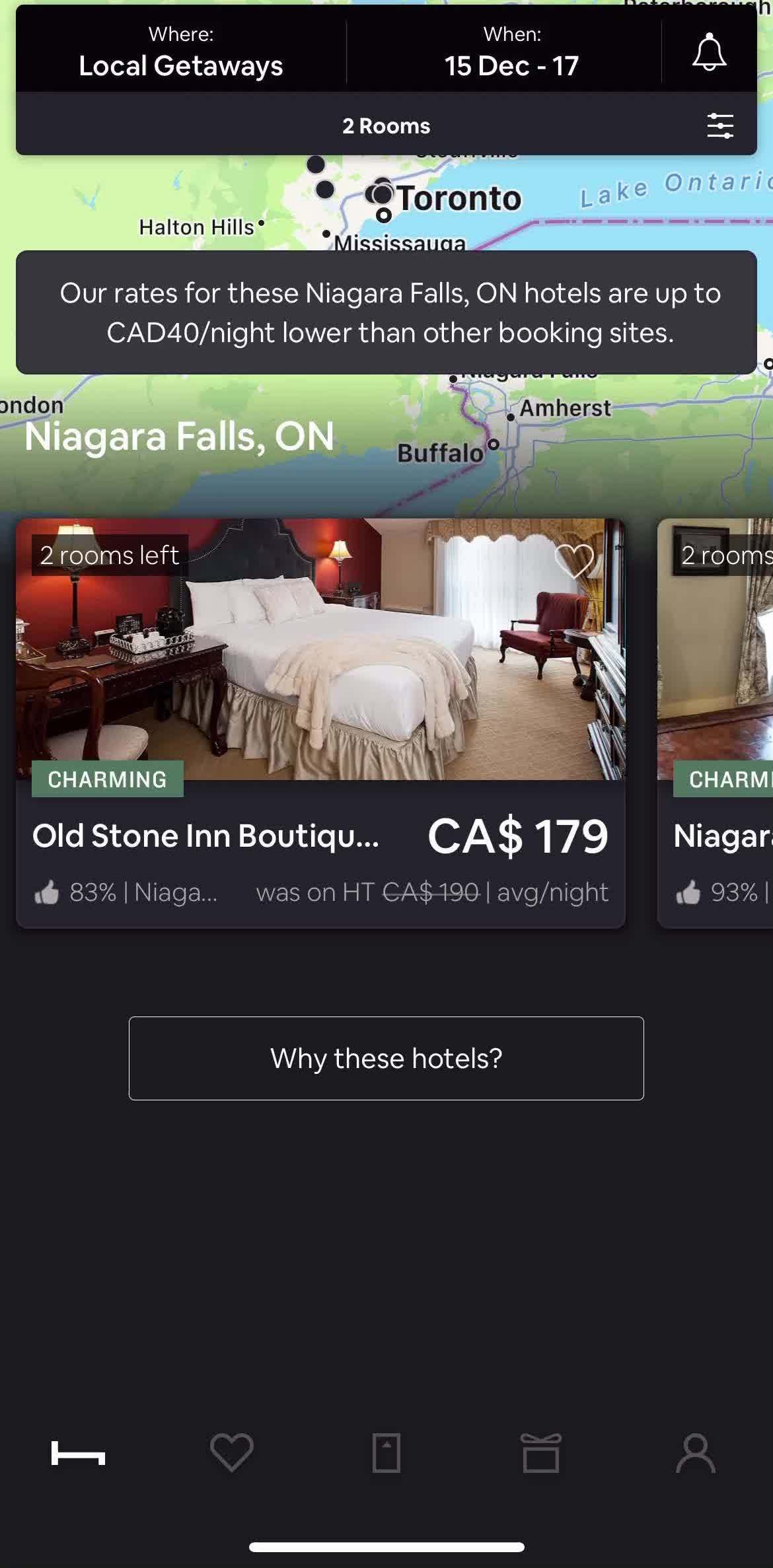 Hoteltonight Home screen in the Saving flow