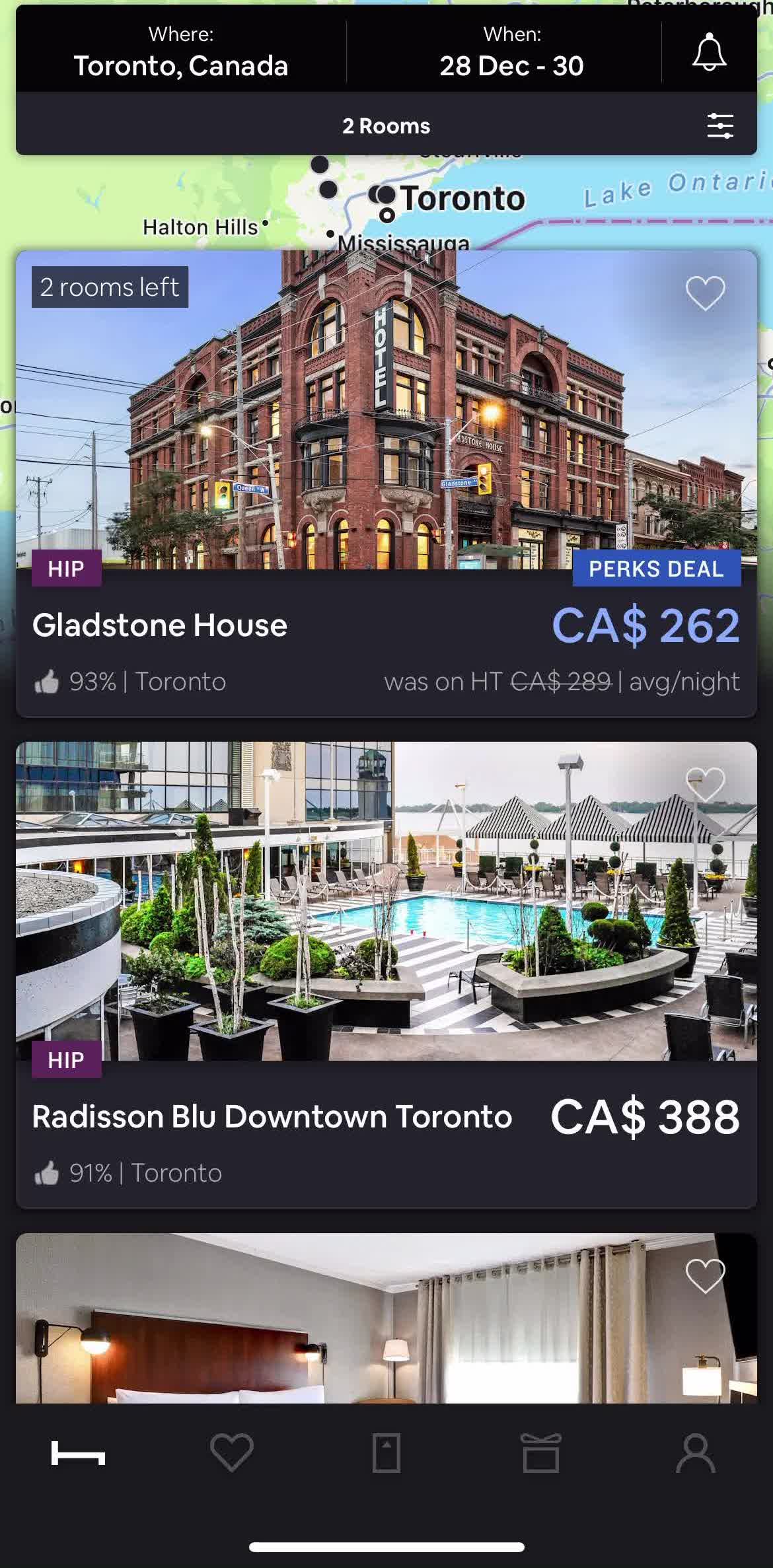 Hoteltonight Home screen in the Searching flow