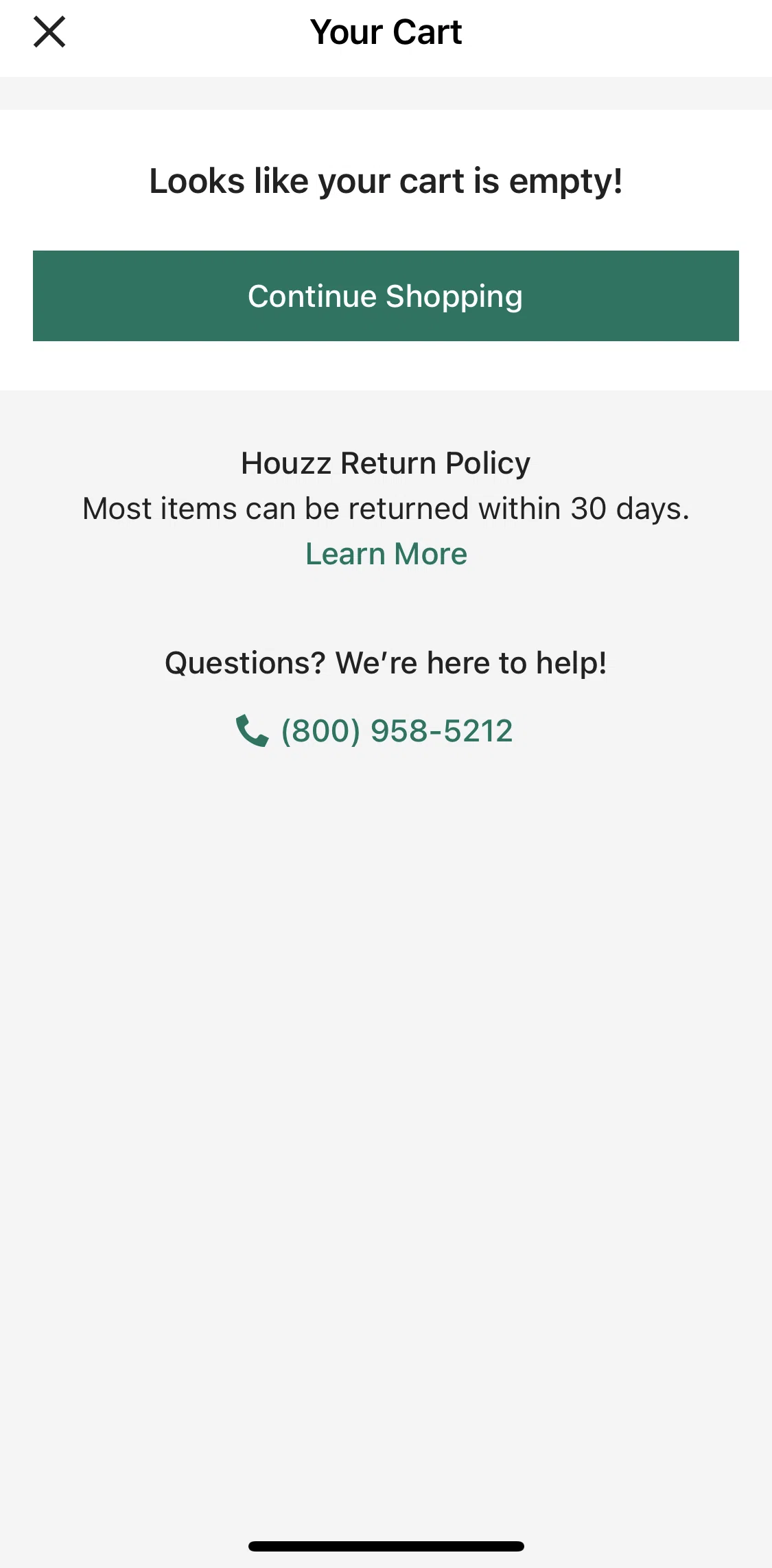 Houzz Screen screen in the Calling Houzz hotline flow