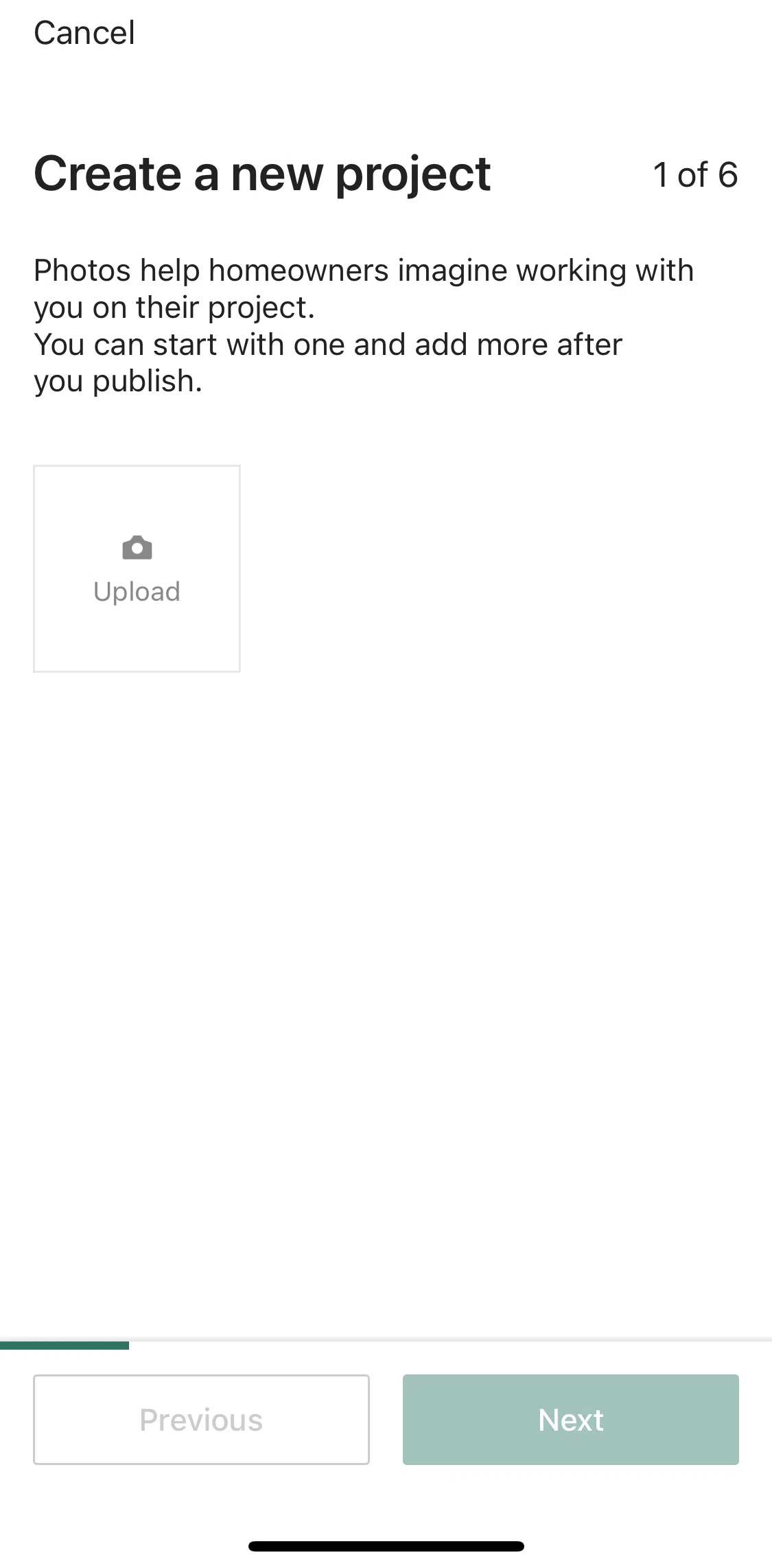 Houzz Screen screen in the Creating a new project flow