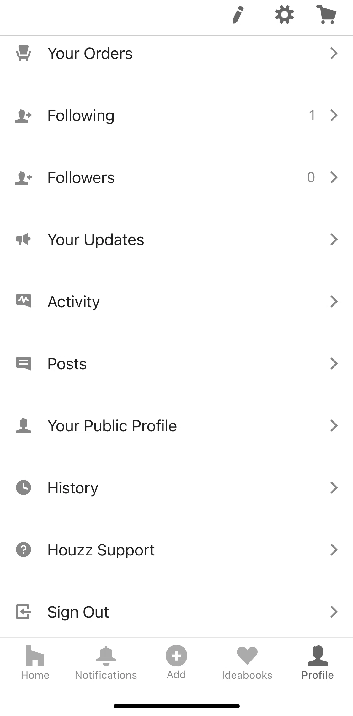 Houzz Screen screen in the History flow