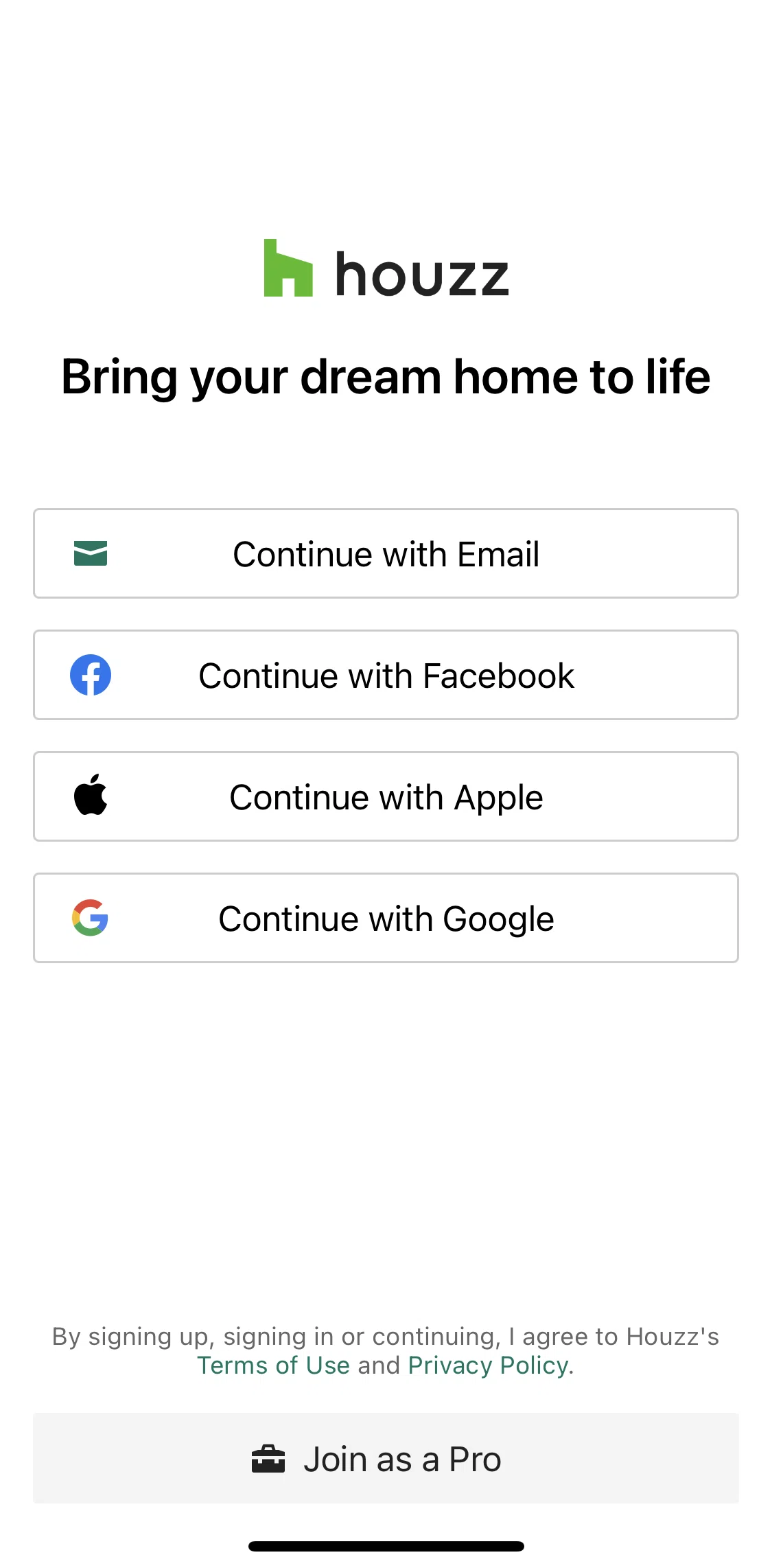 Houzz Screen screen in the Logging in flow