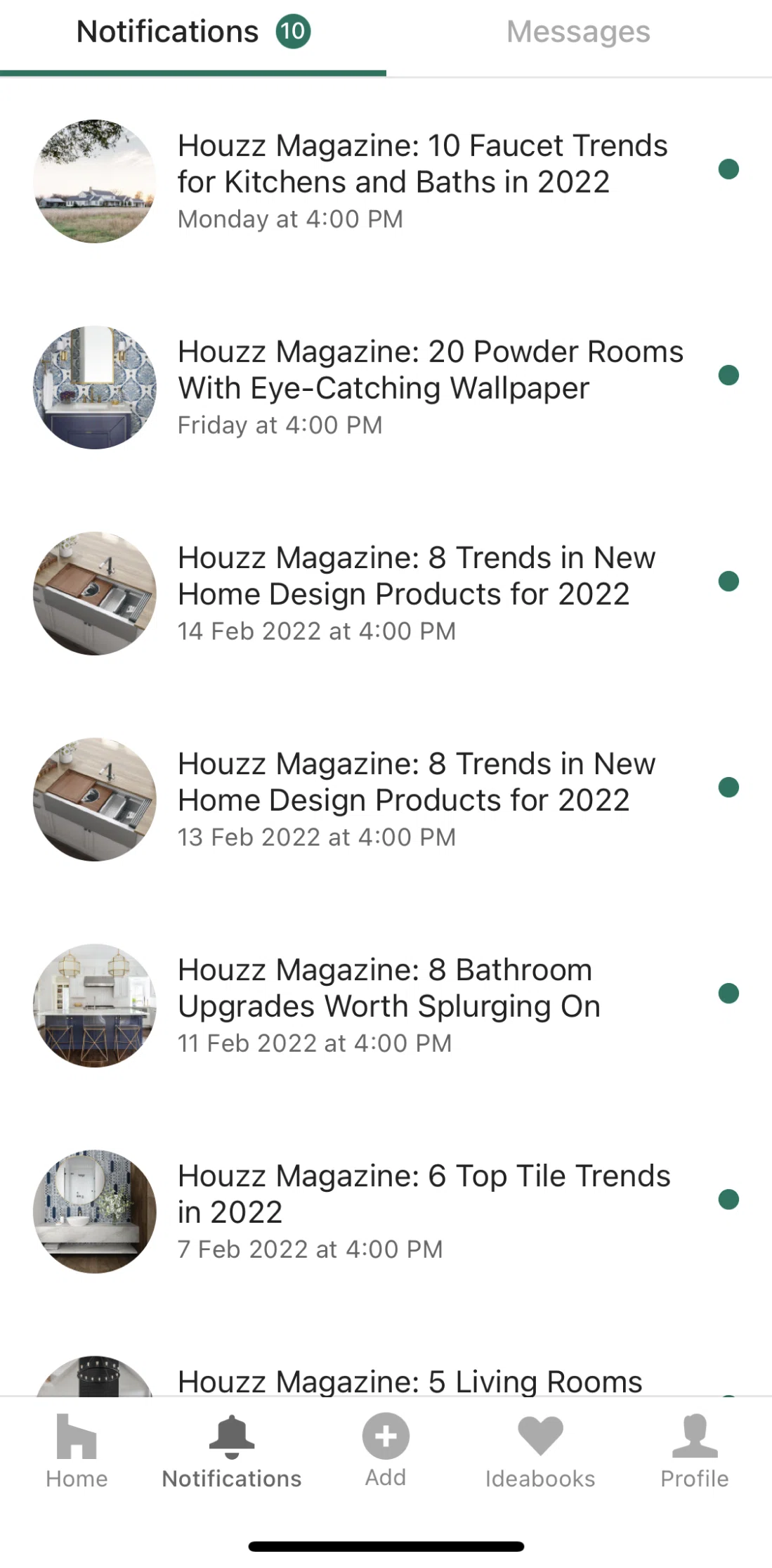 Houzz Screen screen in the Notifications flow