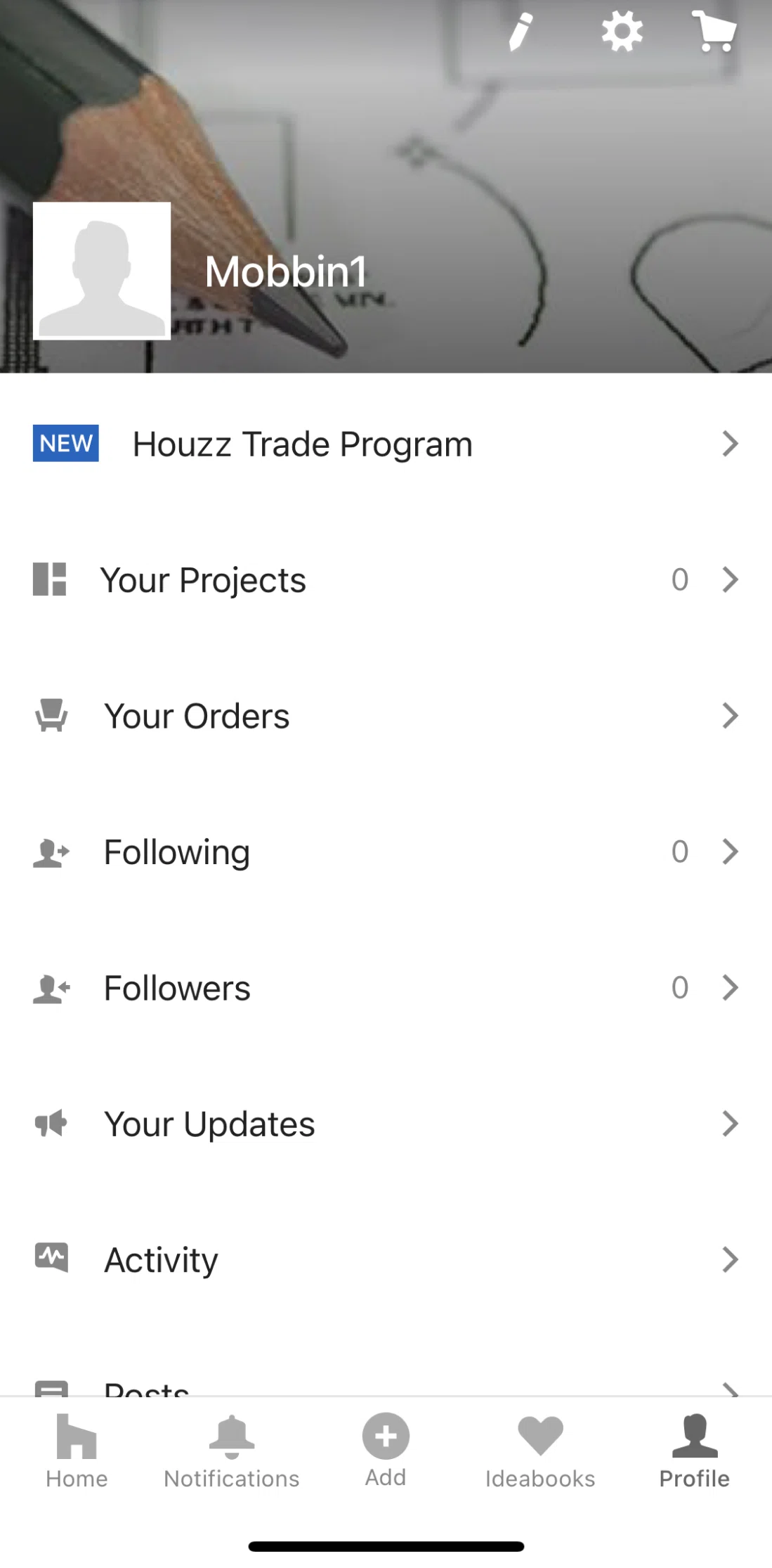 Houzz Screen screen in the Profile flow