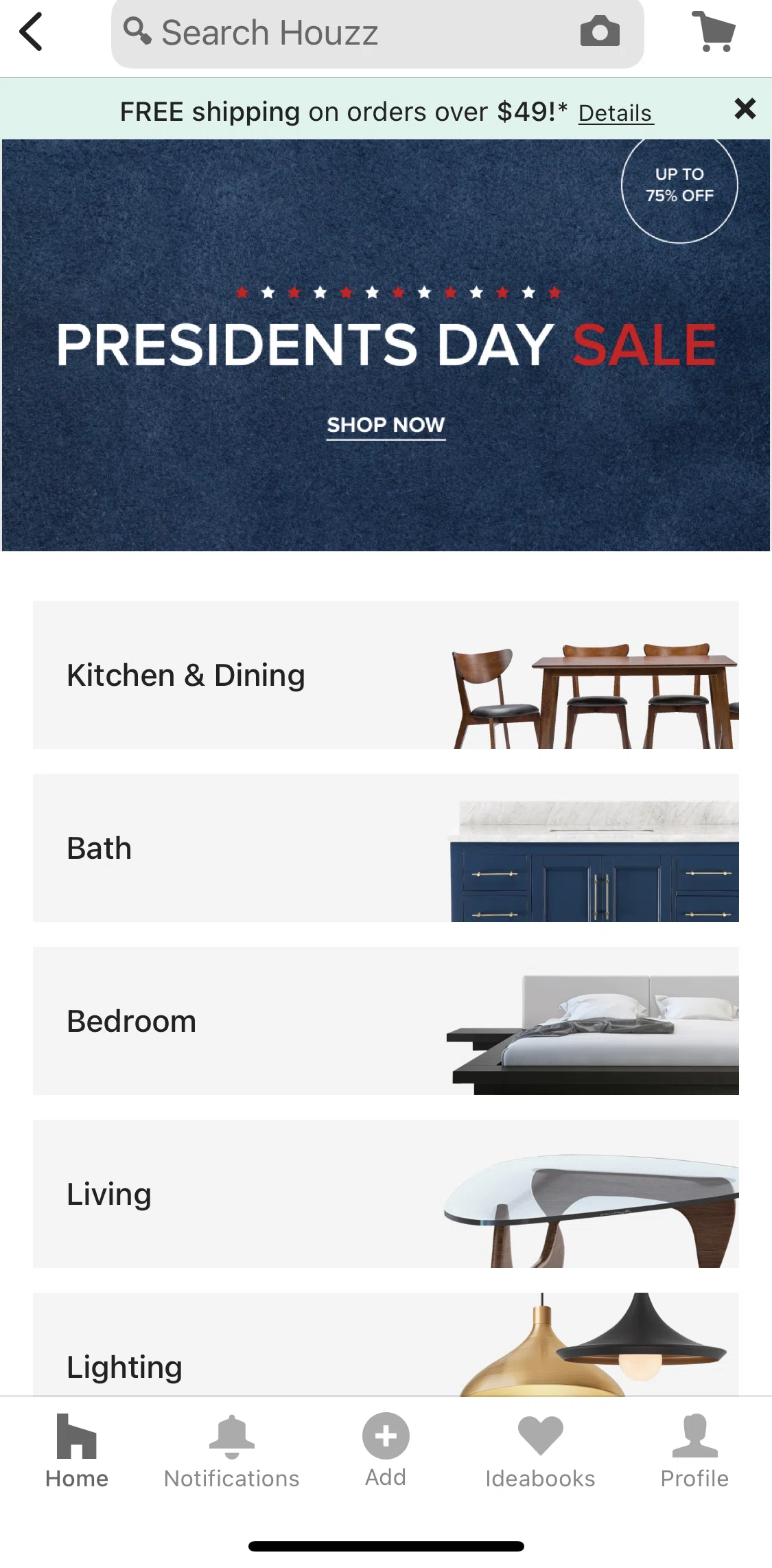 Houzz Screen screen in the Searching for kitchen utensils flow