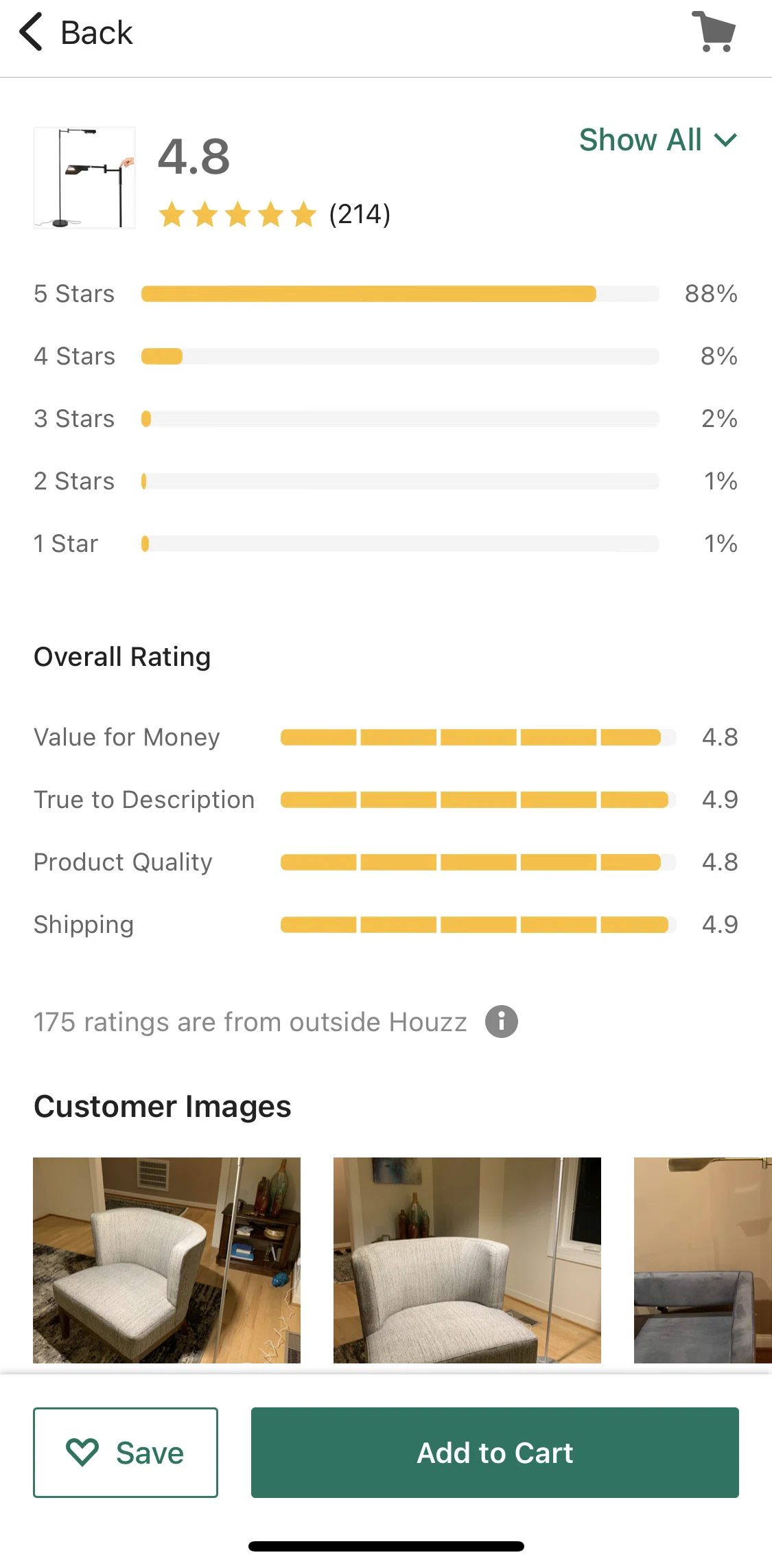 Houzz Screen screen in the Show more product reviews flow