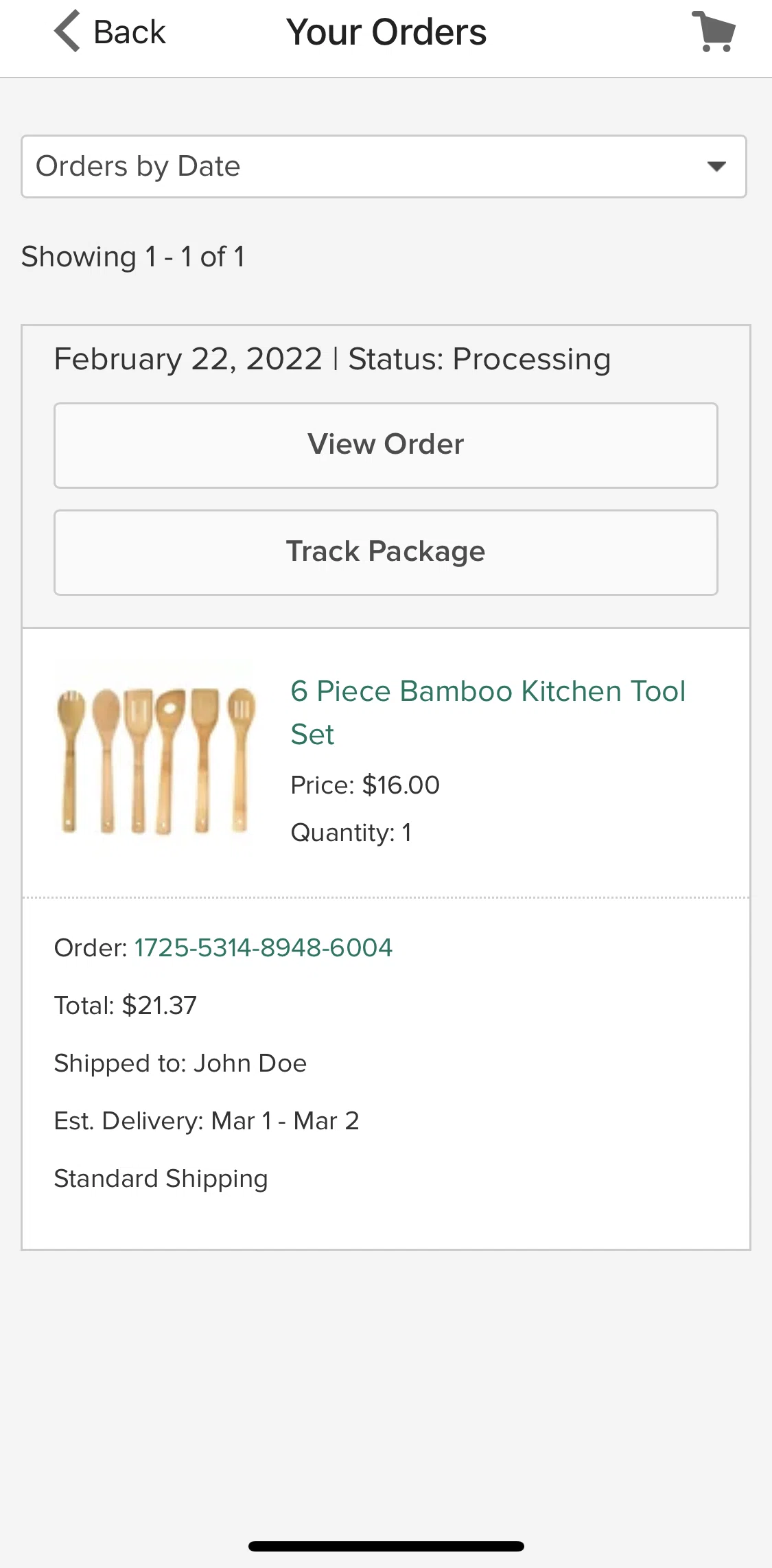 Houzz Screen screen in the View order flow