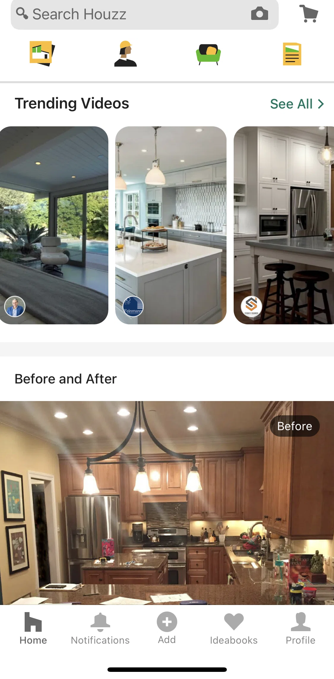 Houzz Screen screen in the Watching a trending video flow