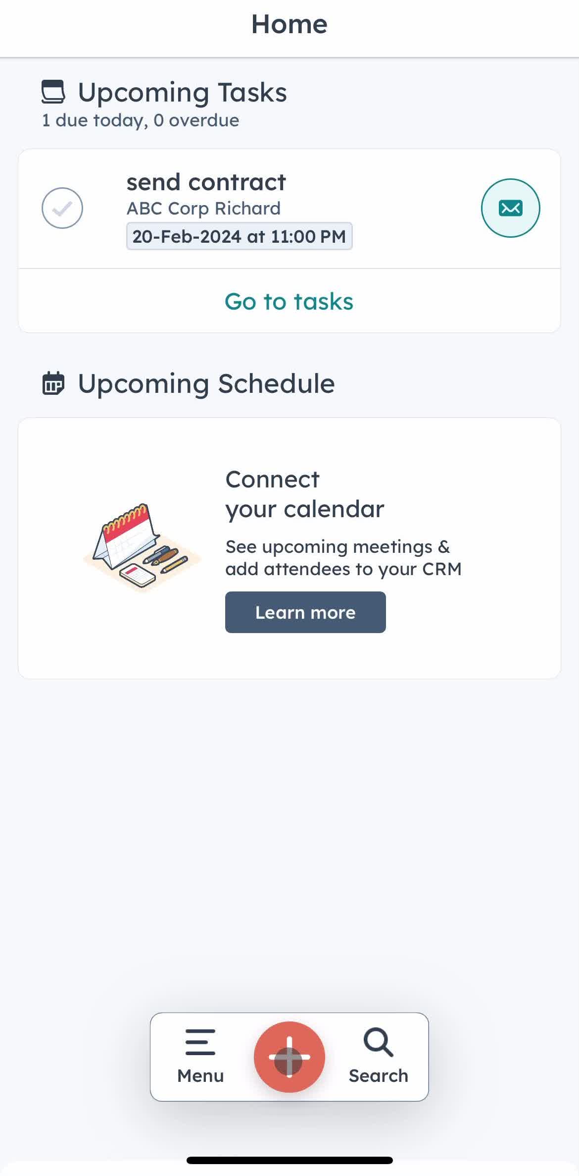Hubspot Crm Home screen in the Creating A Note flow