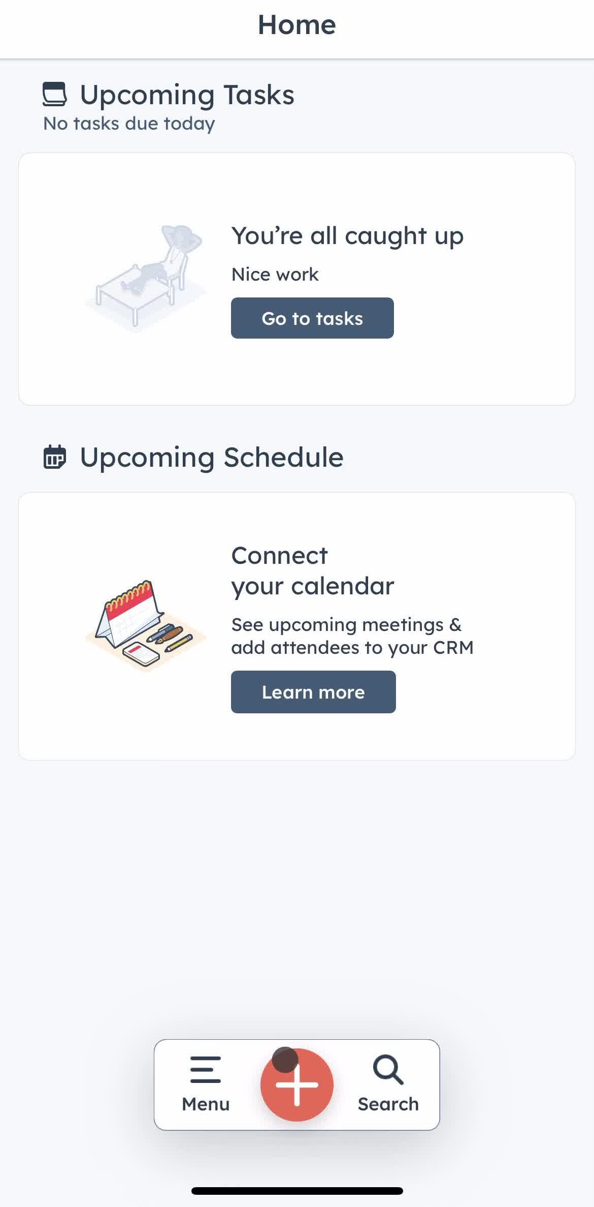 Hubspot Crm Home screen in the Creating A Task flow