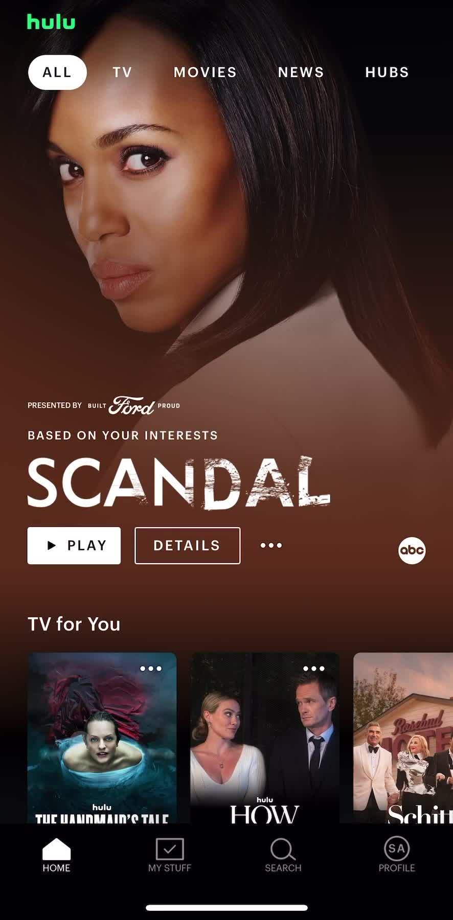 Hulu Home screen in the Discovering Content flow