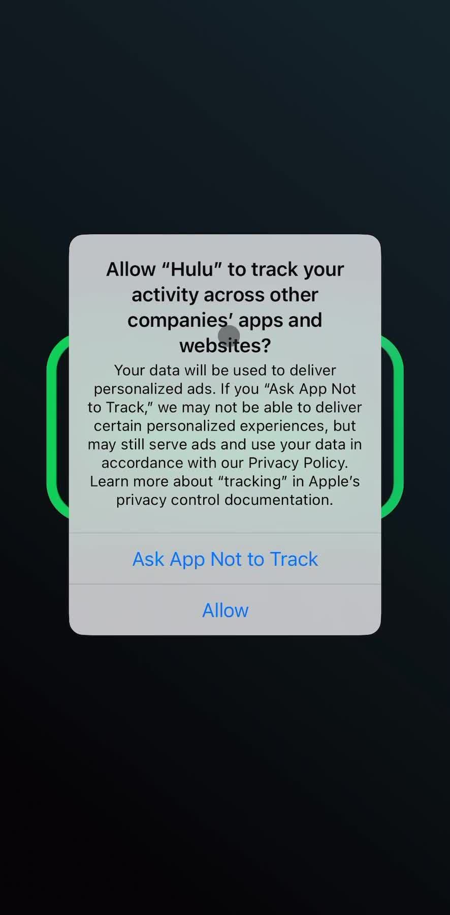 Hulu Enable tracking screen in the Onboarding flow