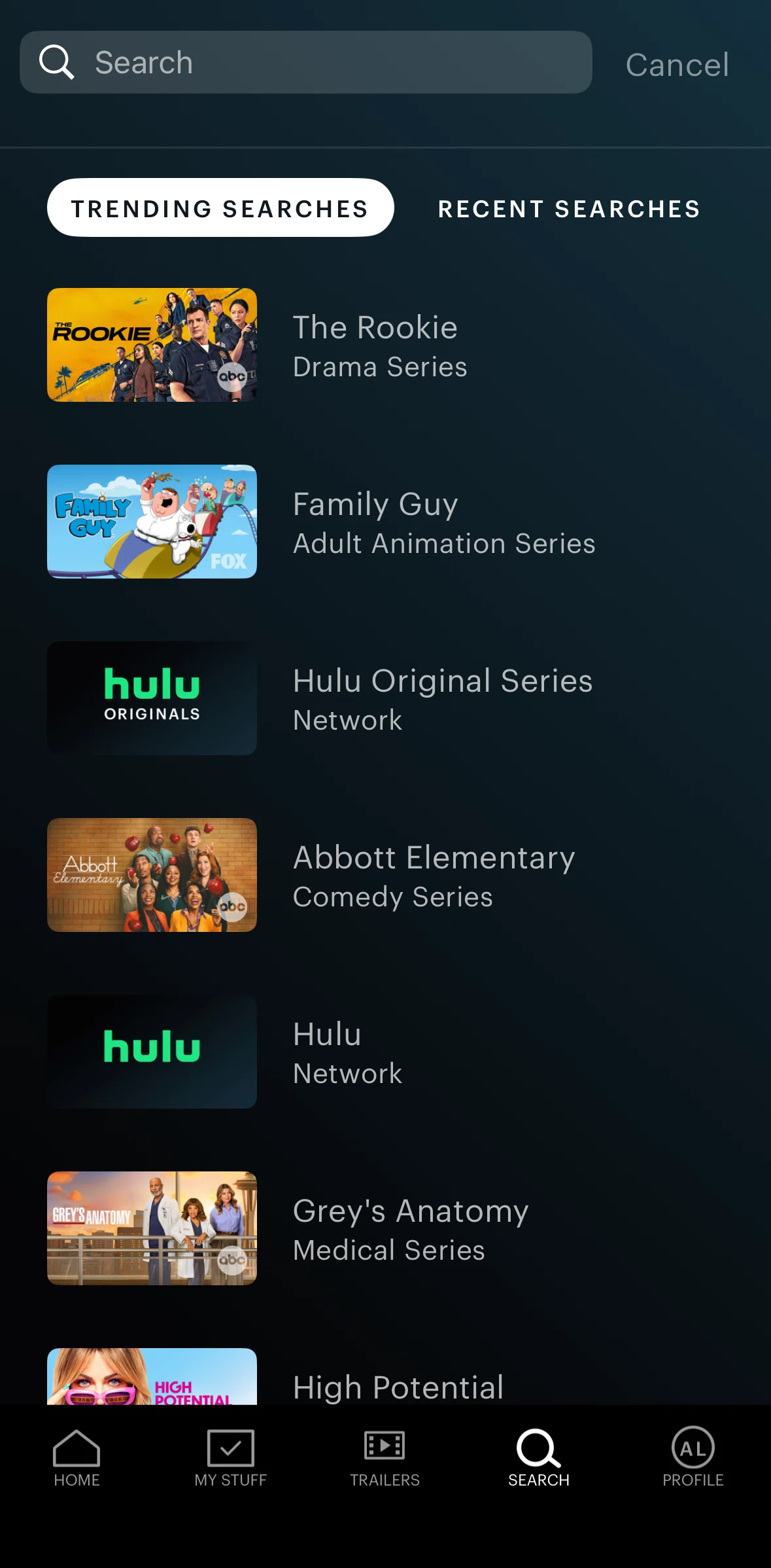 Hulu Screen screen in the Recent searches flow