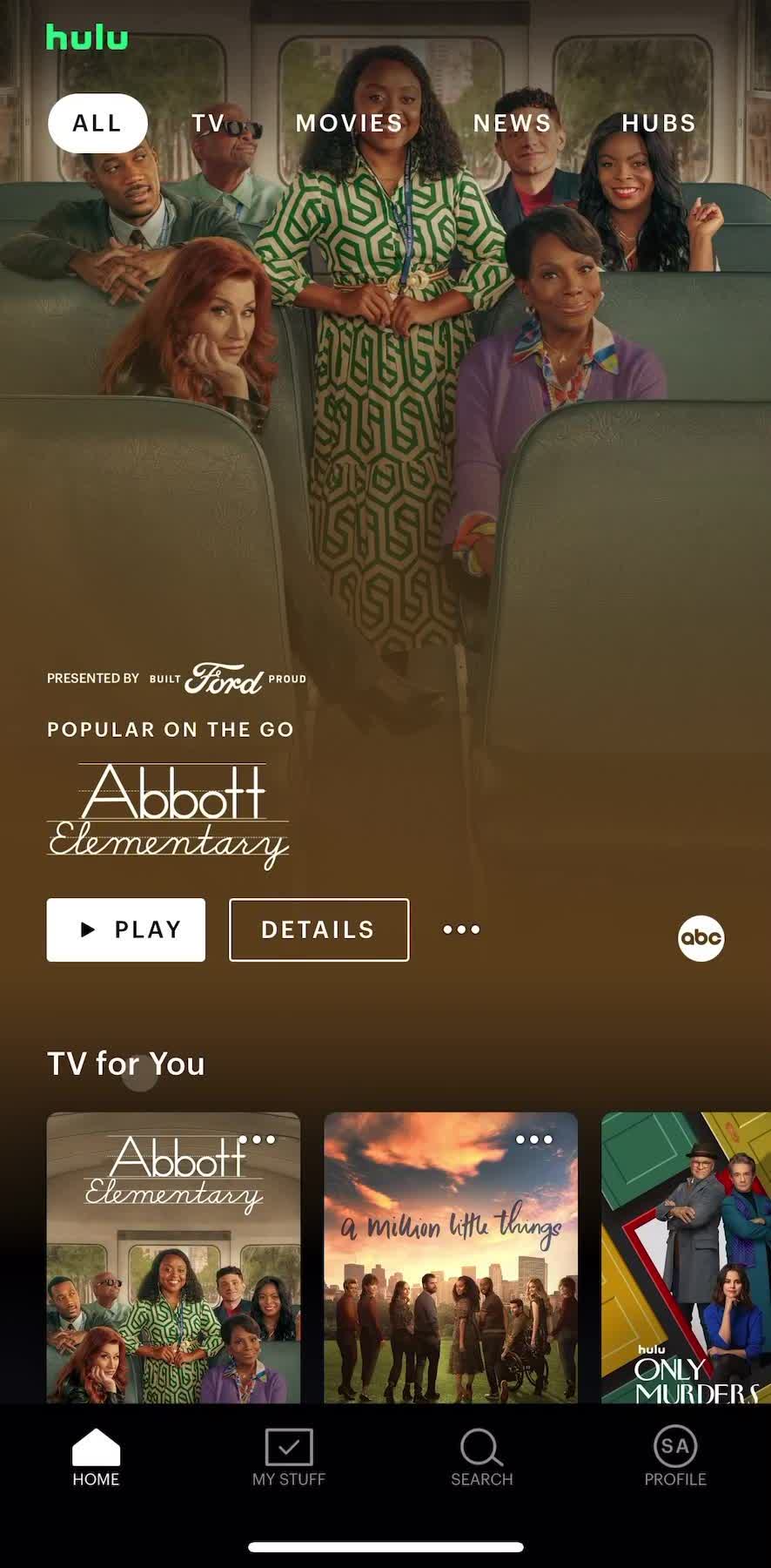 Hulu Home screen in the Searching flow