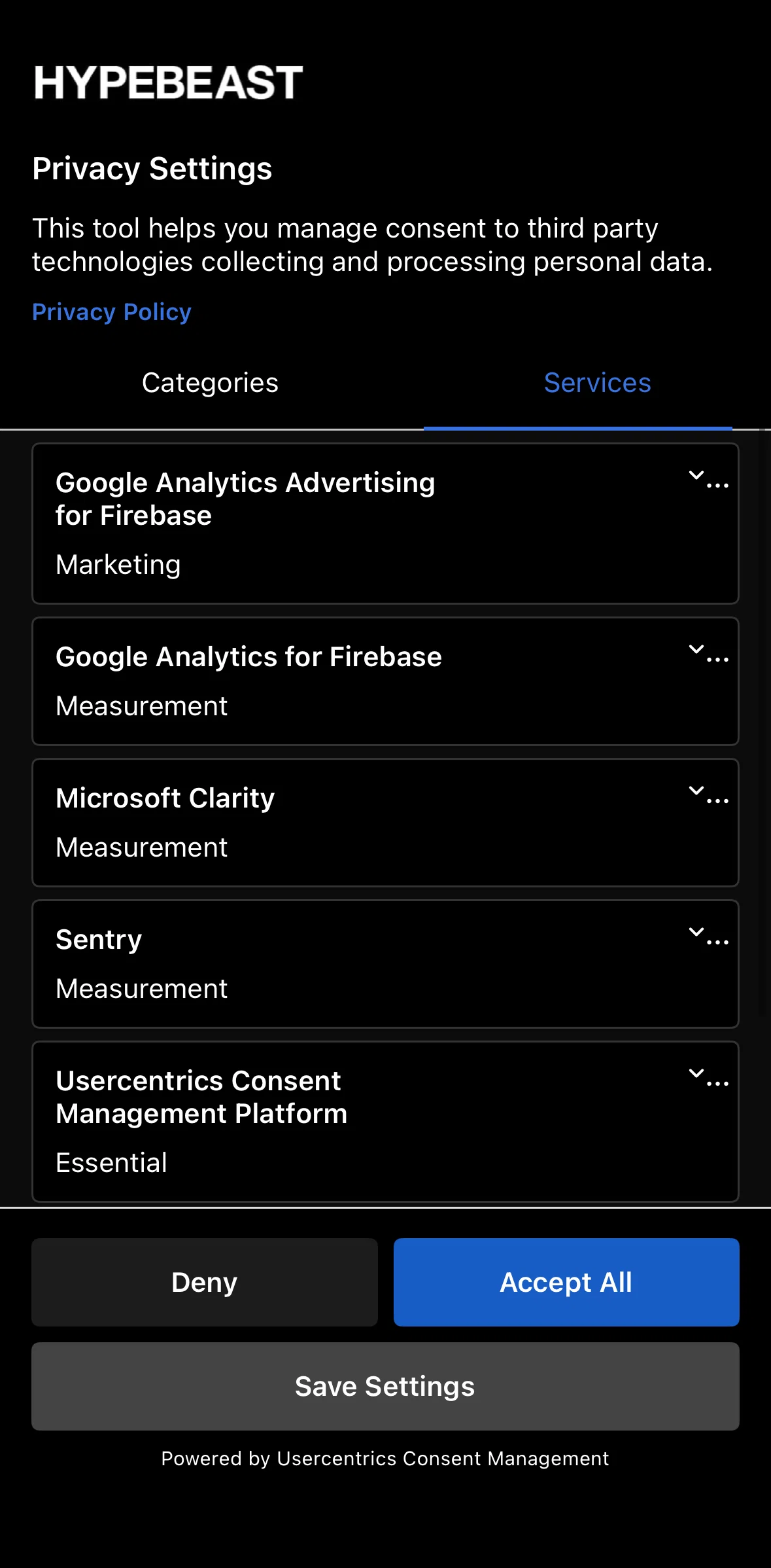 Hype Screen screen in the Services detail flow