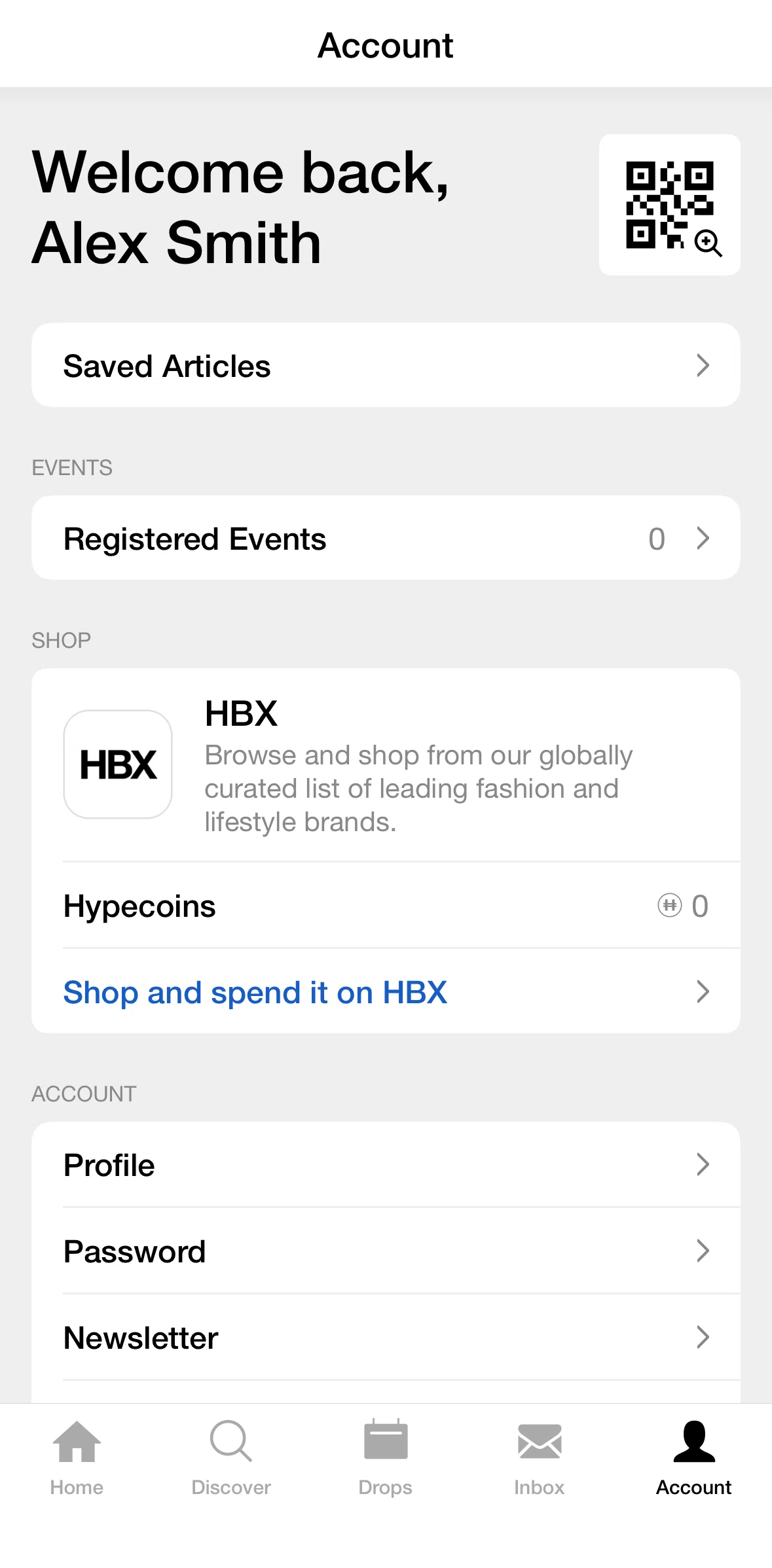 Hype Screen screen in the Showing account QR Code flow