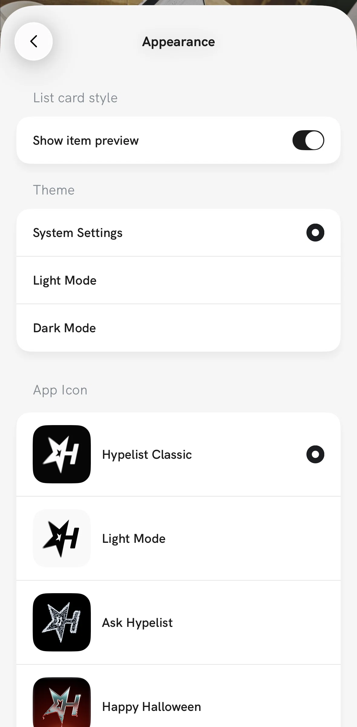 Hypelist Screen screen in the Switching to dark mode flow