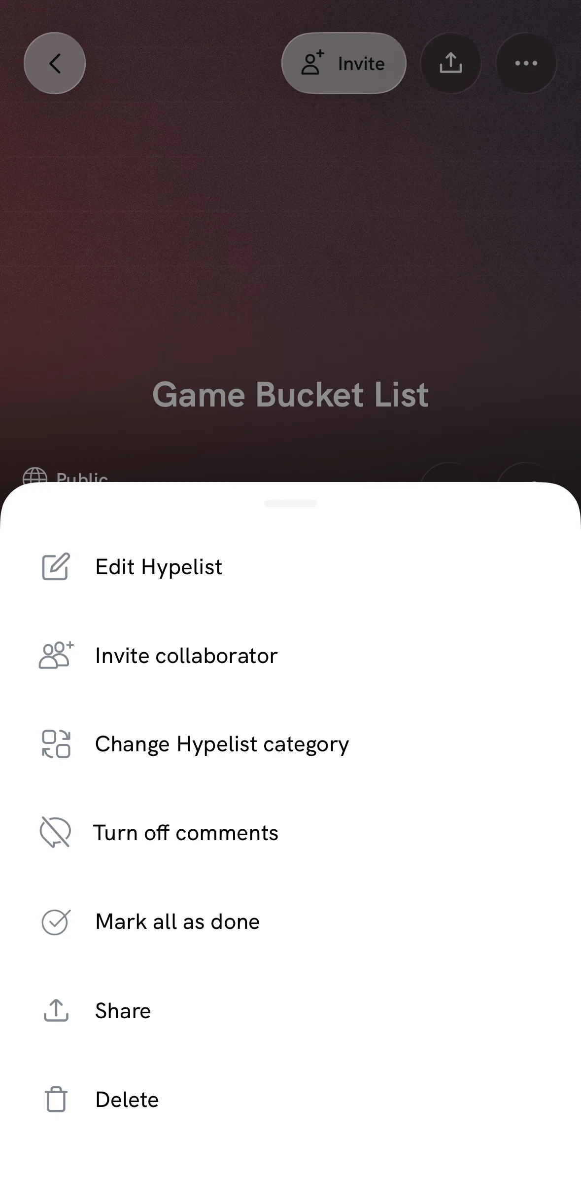 Hypelist Screen screen in the Turning off comments flow