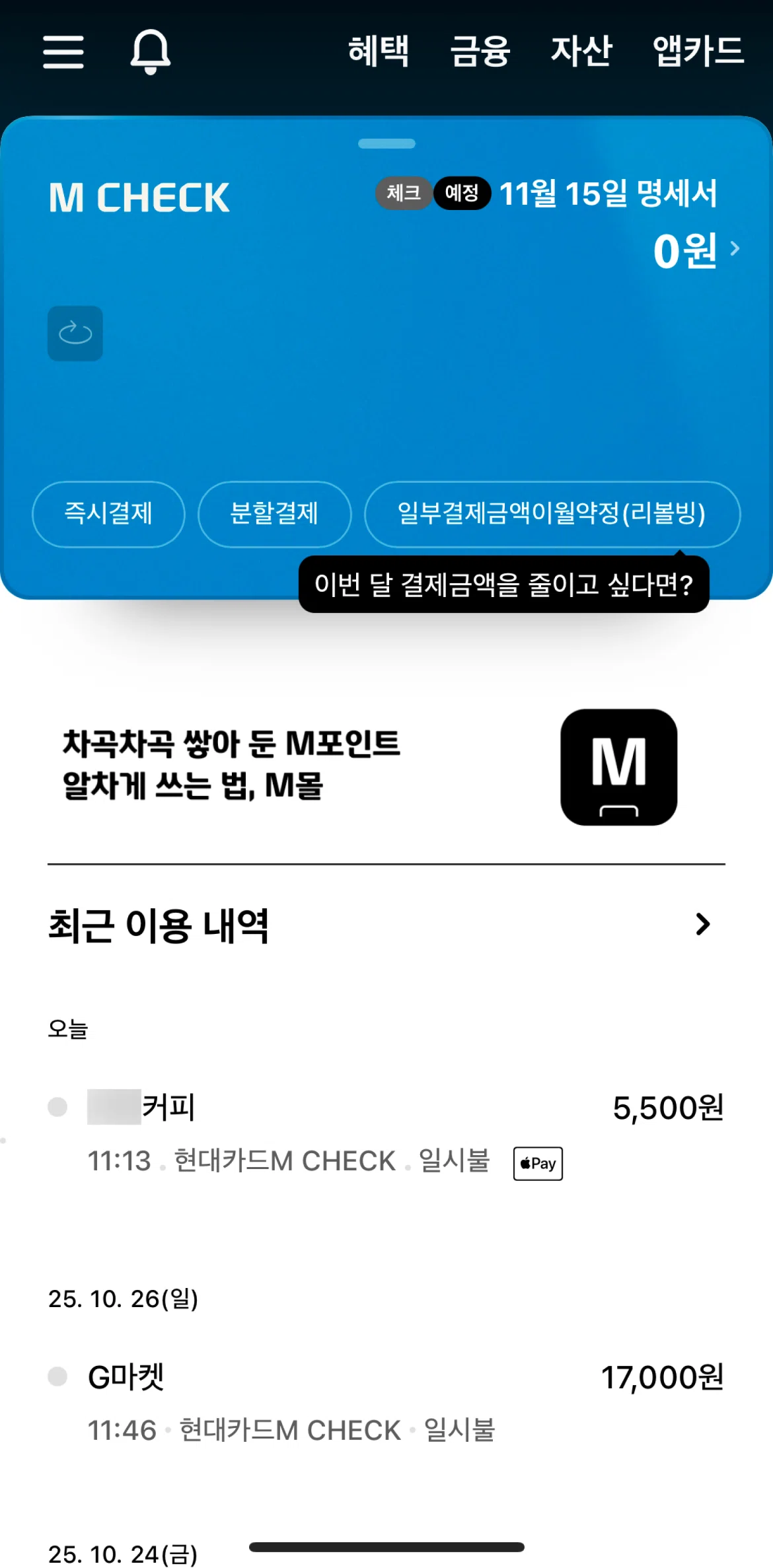 Hyundai Card Screen screen in the Card detail (M Check) flow