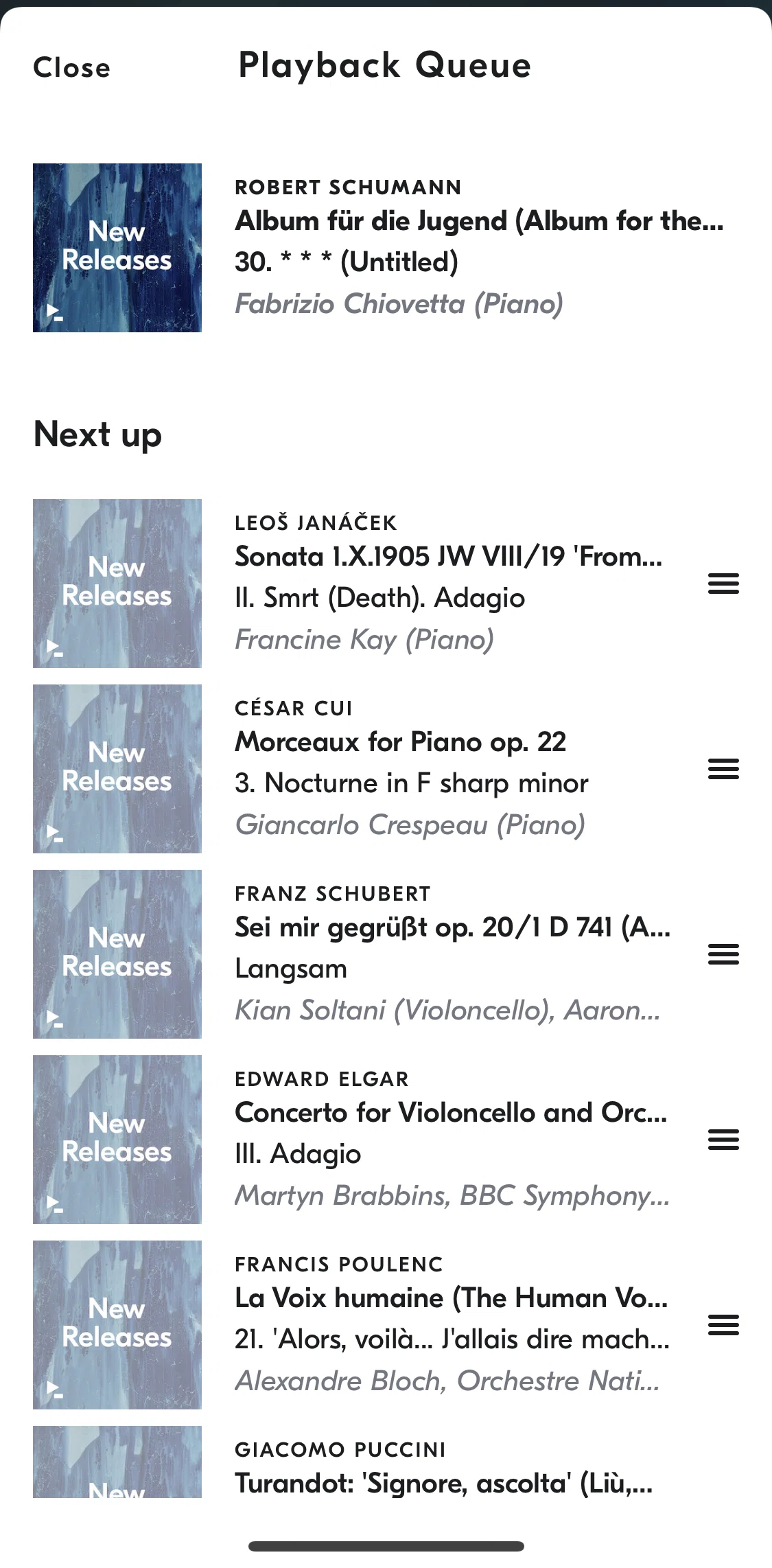 IDAGIO Screen screen in the Reordering playback queue flow