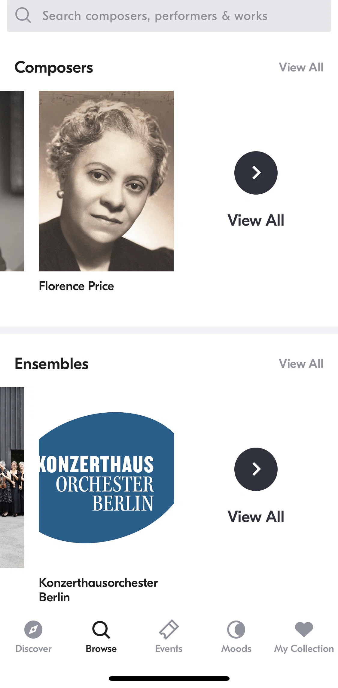 IDAGIO Screen screen in the View all ensembles flow