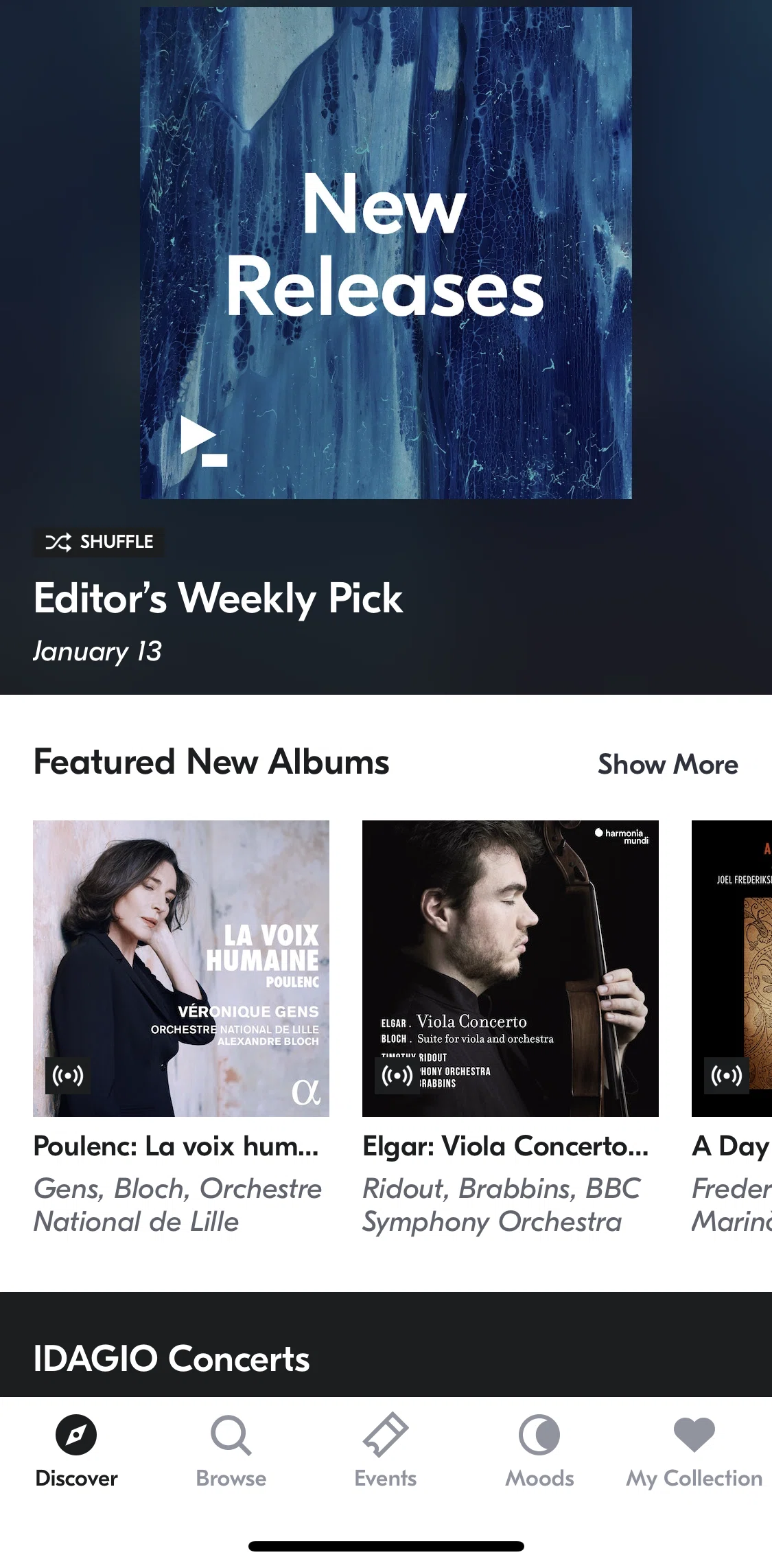 IDAGIO Screen screen in the View featured new albums flow