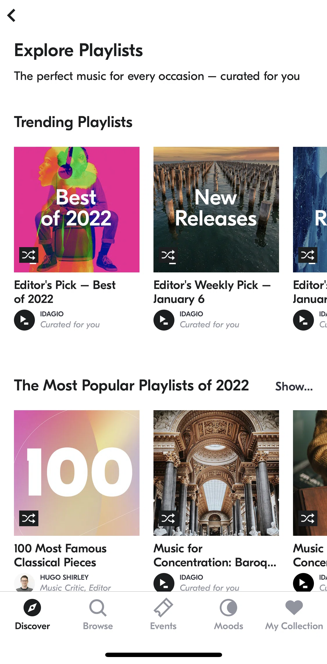 IDAGIO Screen screen in the View featured popular playlists flow