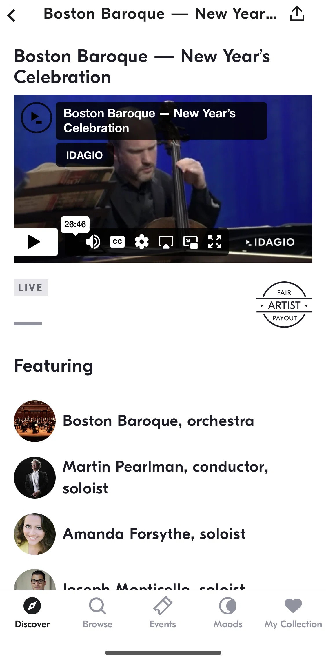 IDAGIO Screen screen in the Watching an event broadcast flow