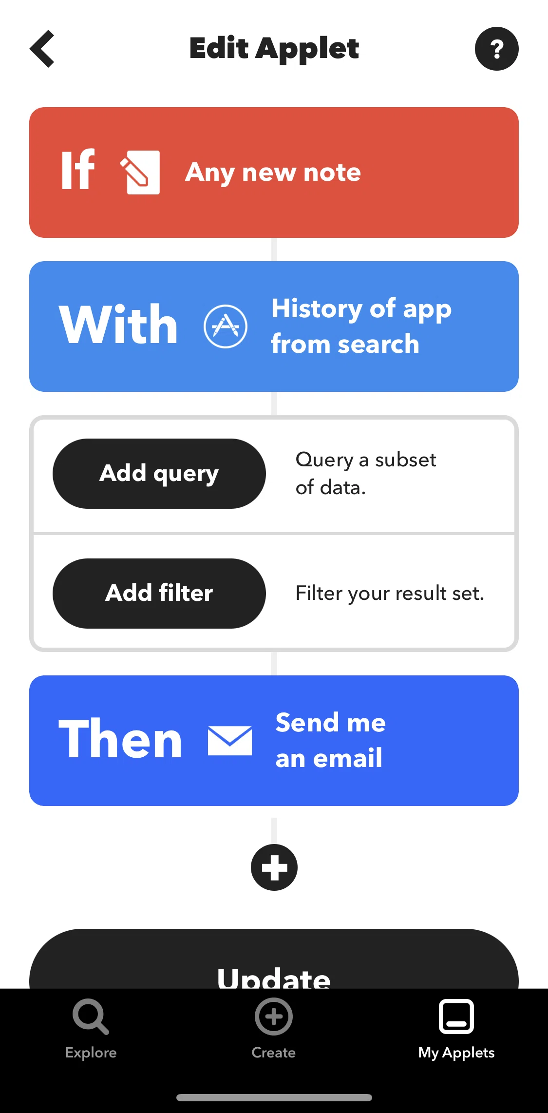 Ifttt Screen screen in the Adding a filter flow