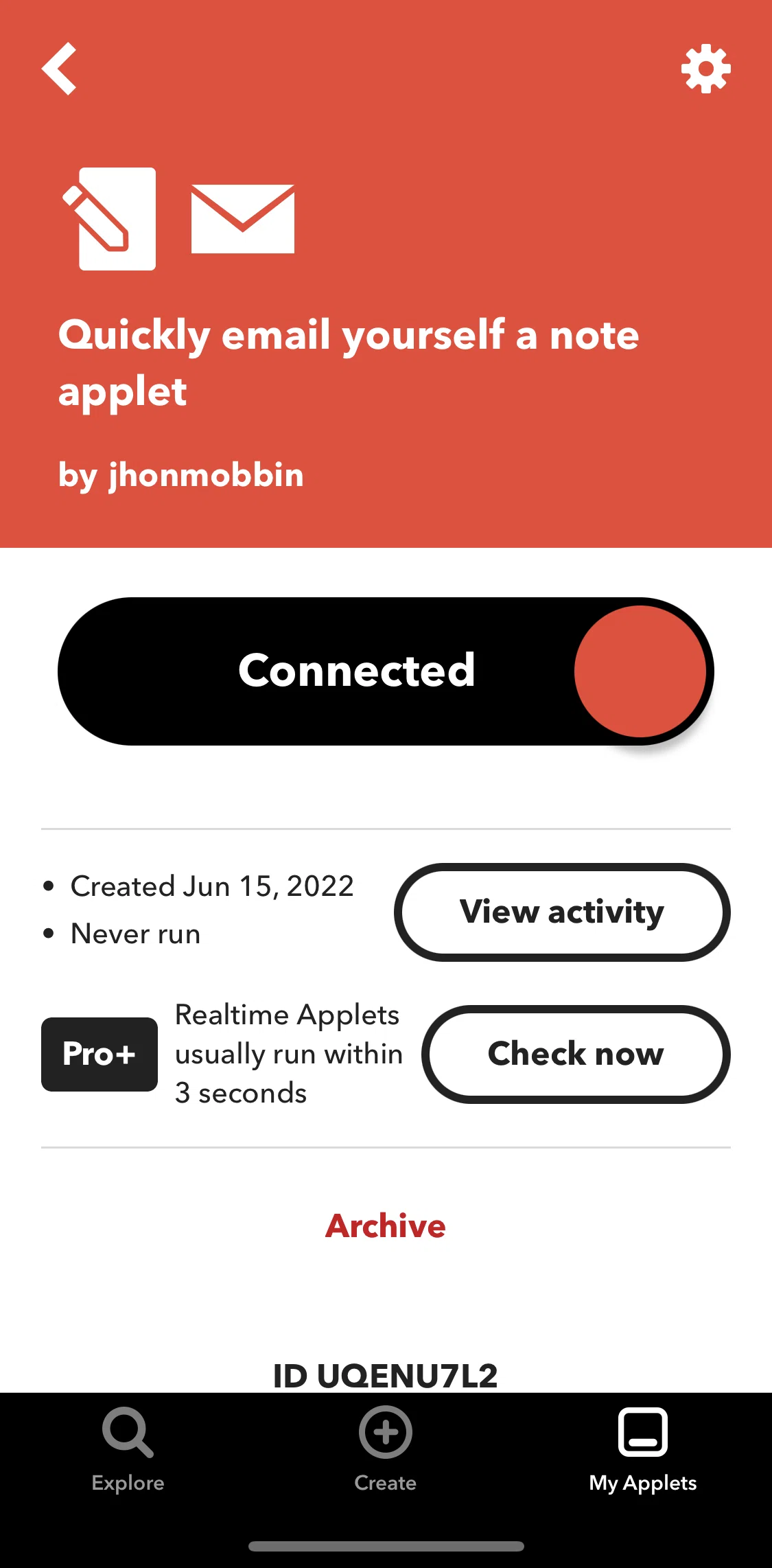 Ifttt Screen screen in the Archiving an Applet flow