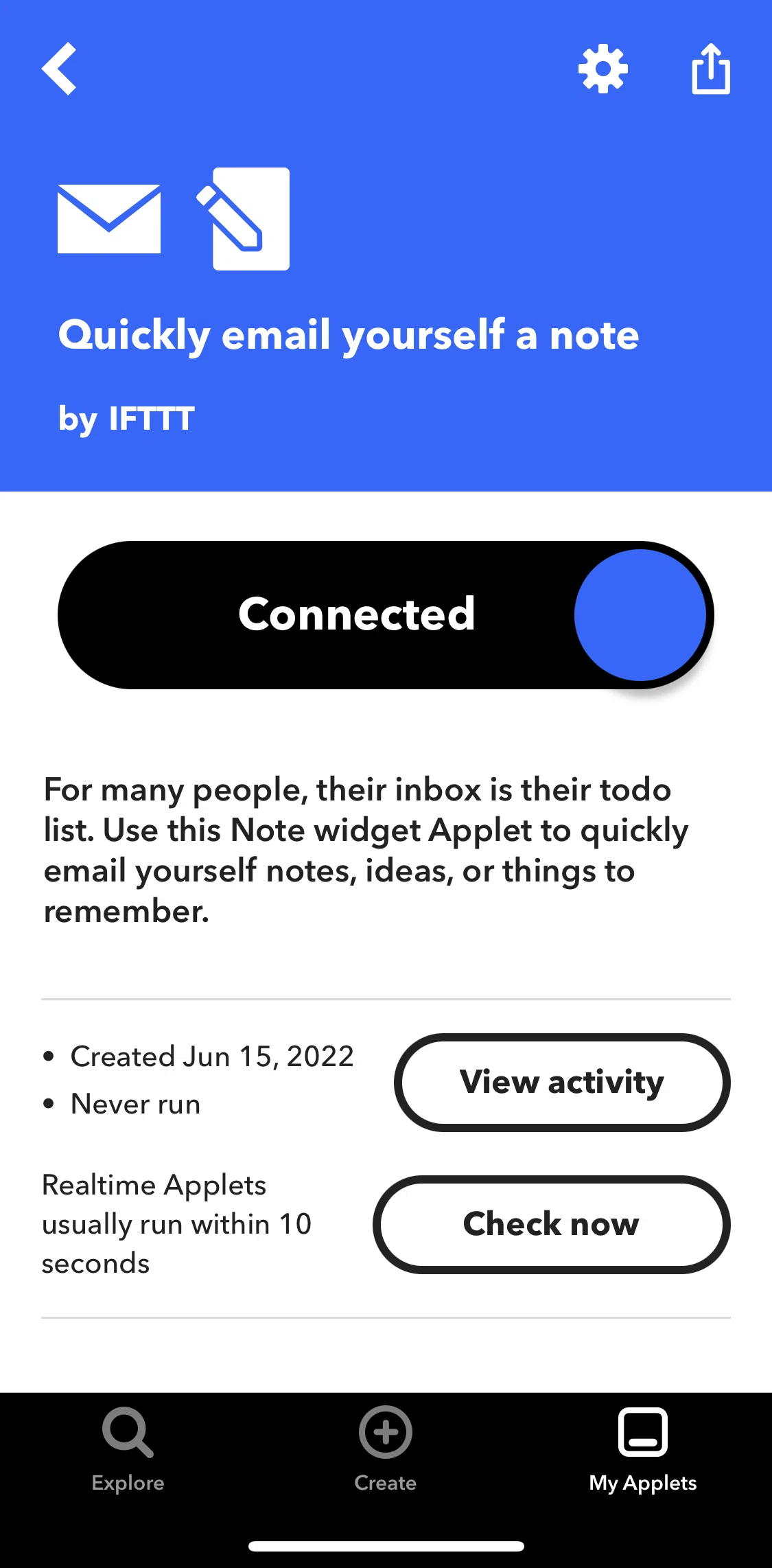 Ifttt Screen screen in the Creating and managing Applets info flow