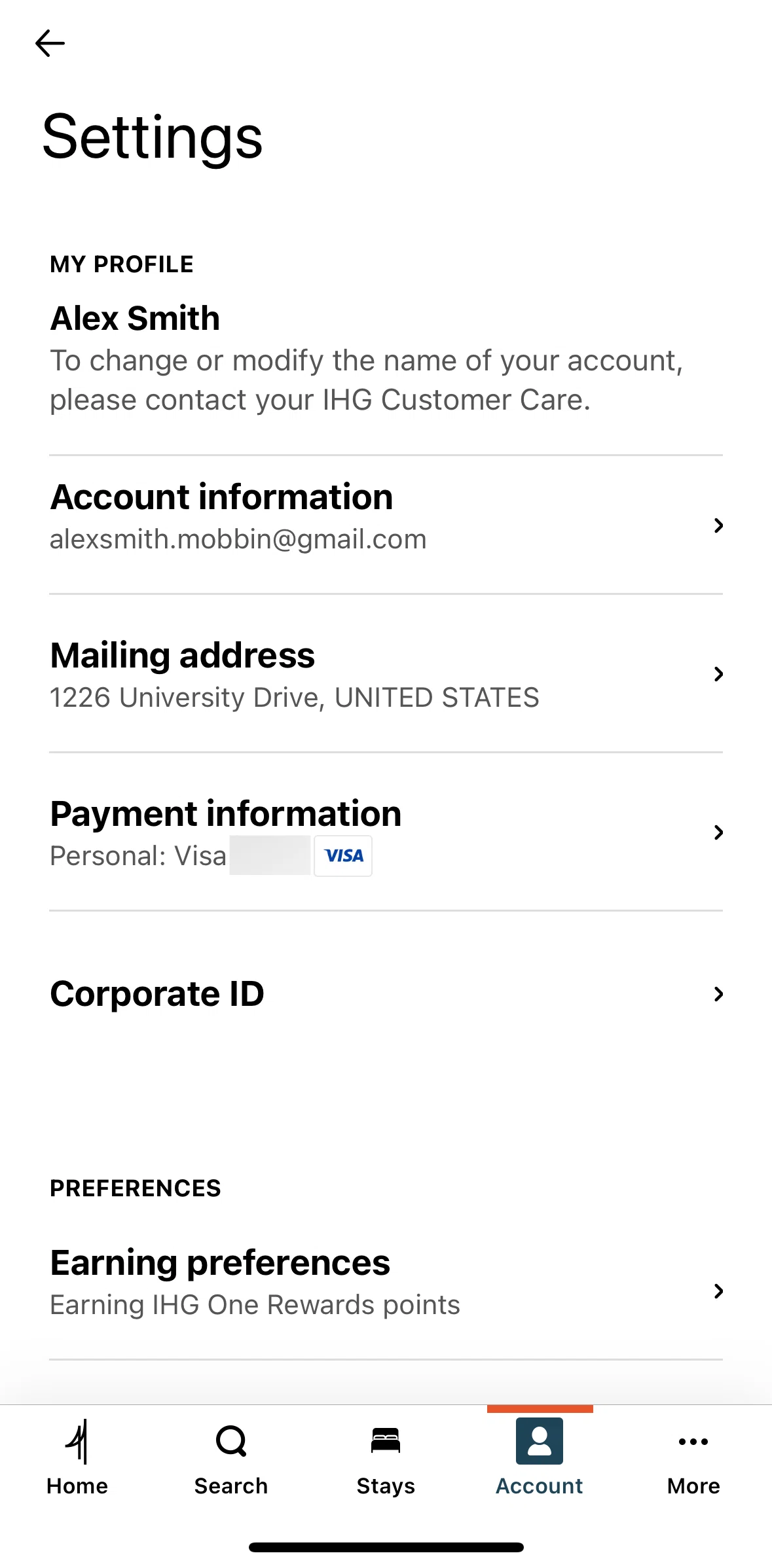 IHG Hotels & Rewards Screen screen in the Account information flow
