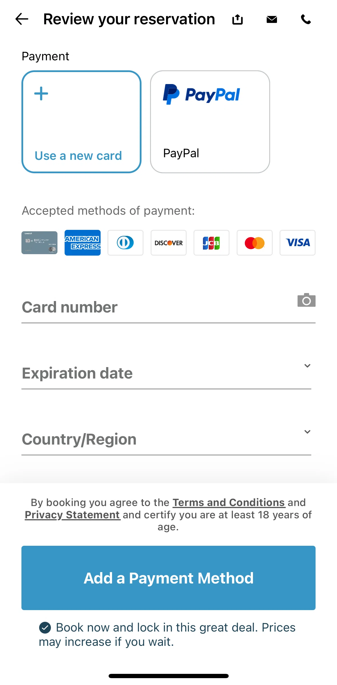 IHG Hotels & Rewards Screen screen in the Adding a payment method flow
