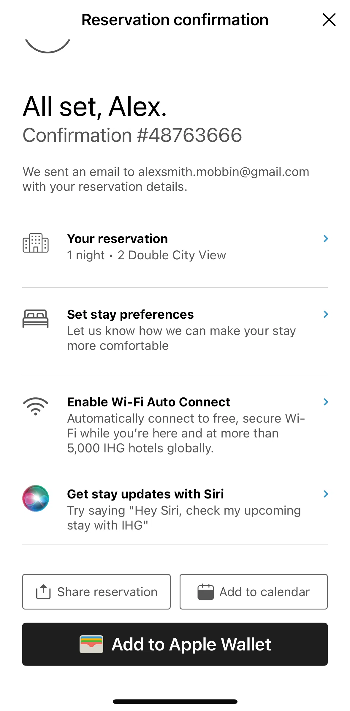 IHG Hotels & Rewards Screen screen in the Adding reservation to Wallet flow