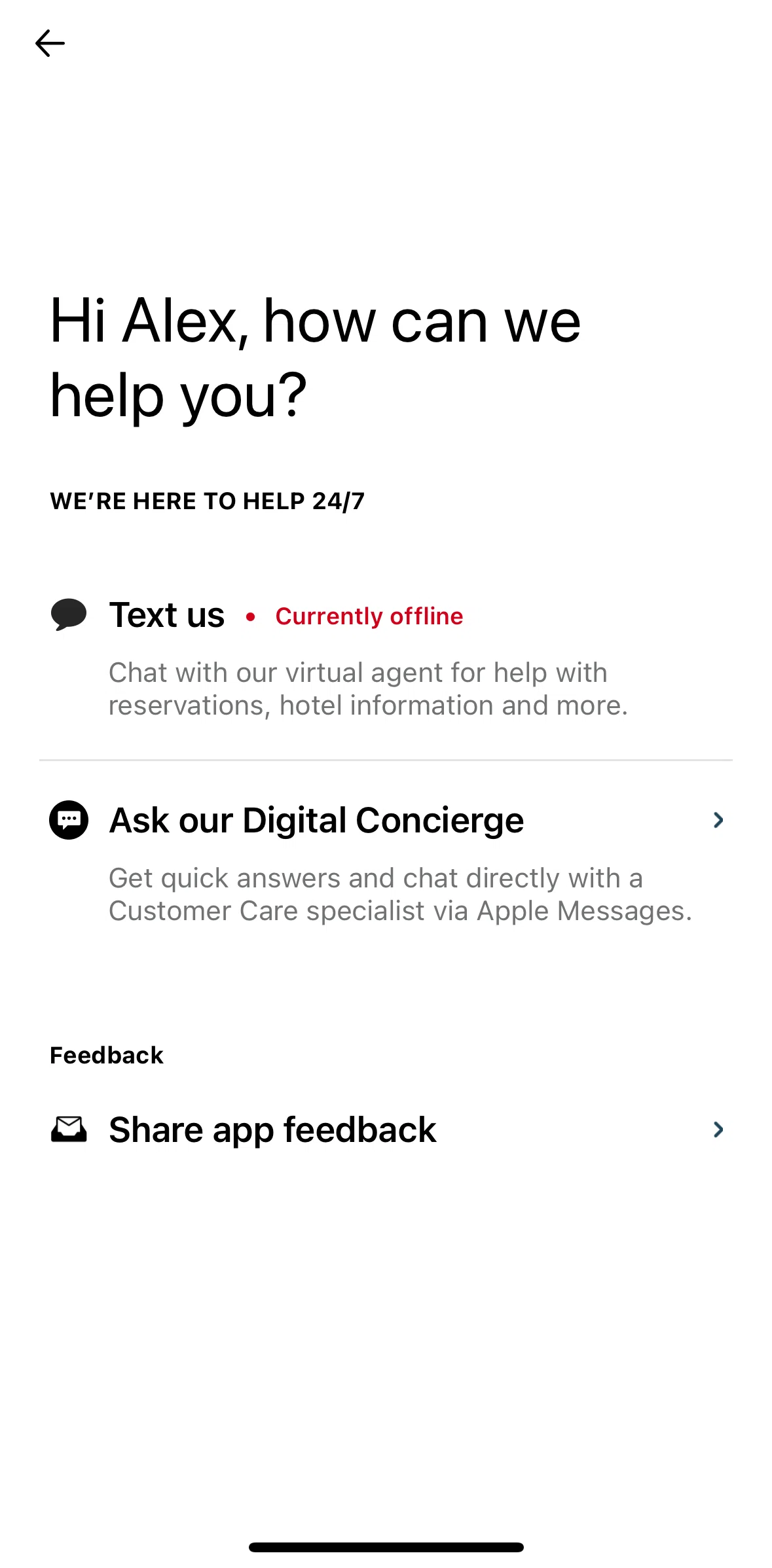 IHG Hotels & Rewards Screen screen in the Chatting with support bot flow