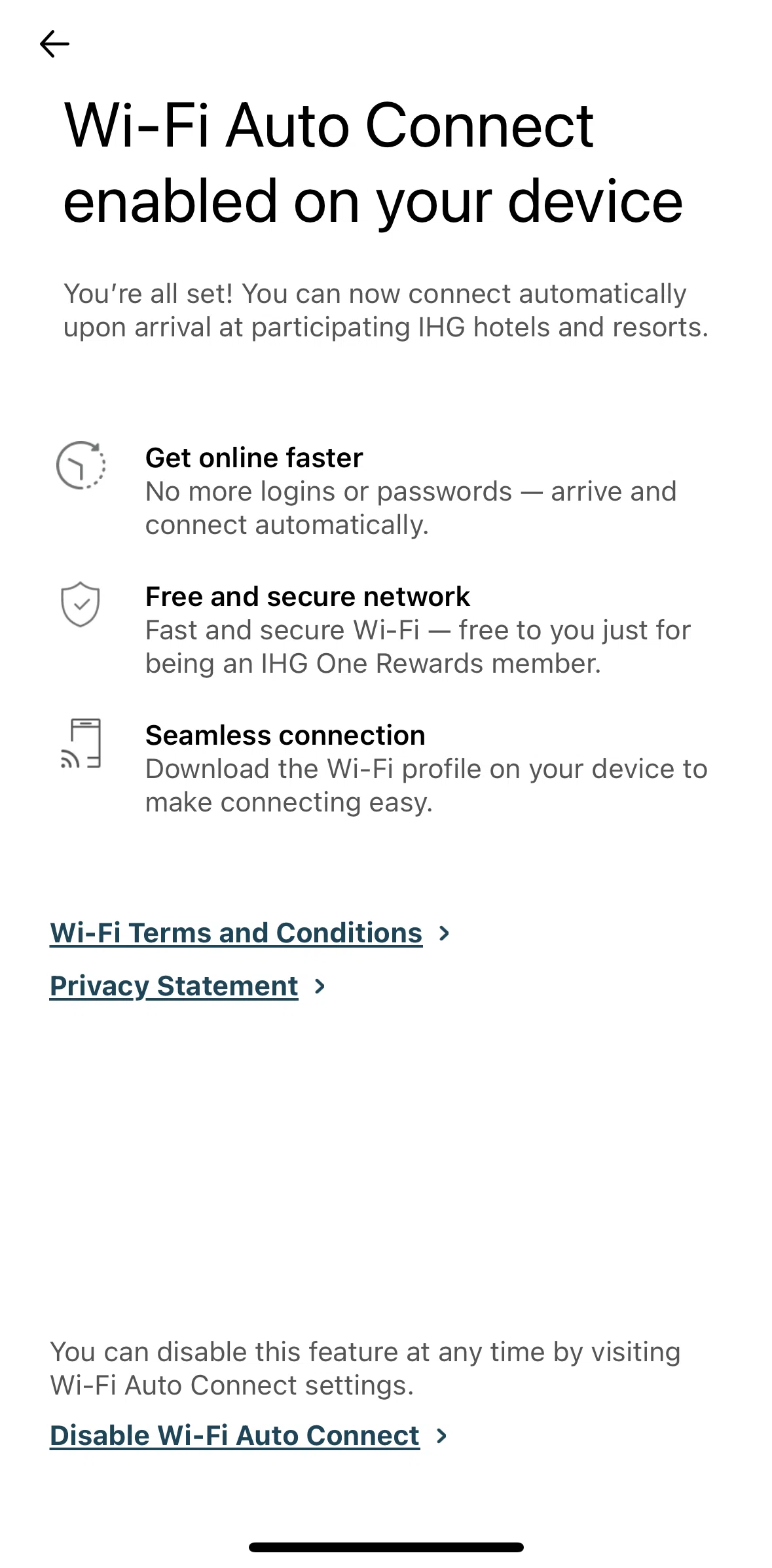 IHG Hotels & Rewards Screen screen in the Disabling Wi-Fi auto connect flow