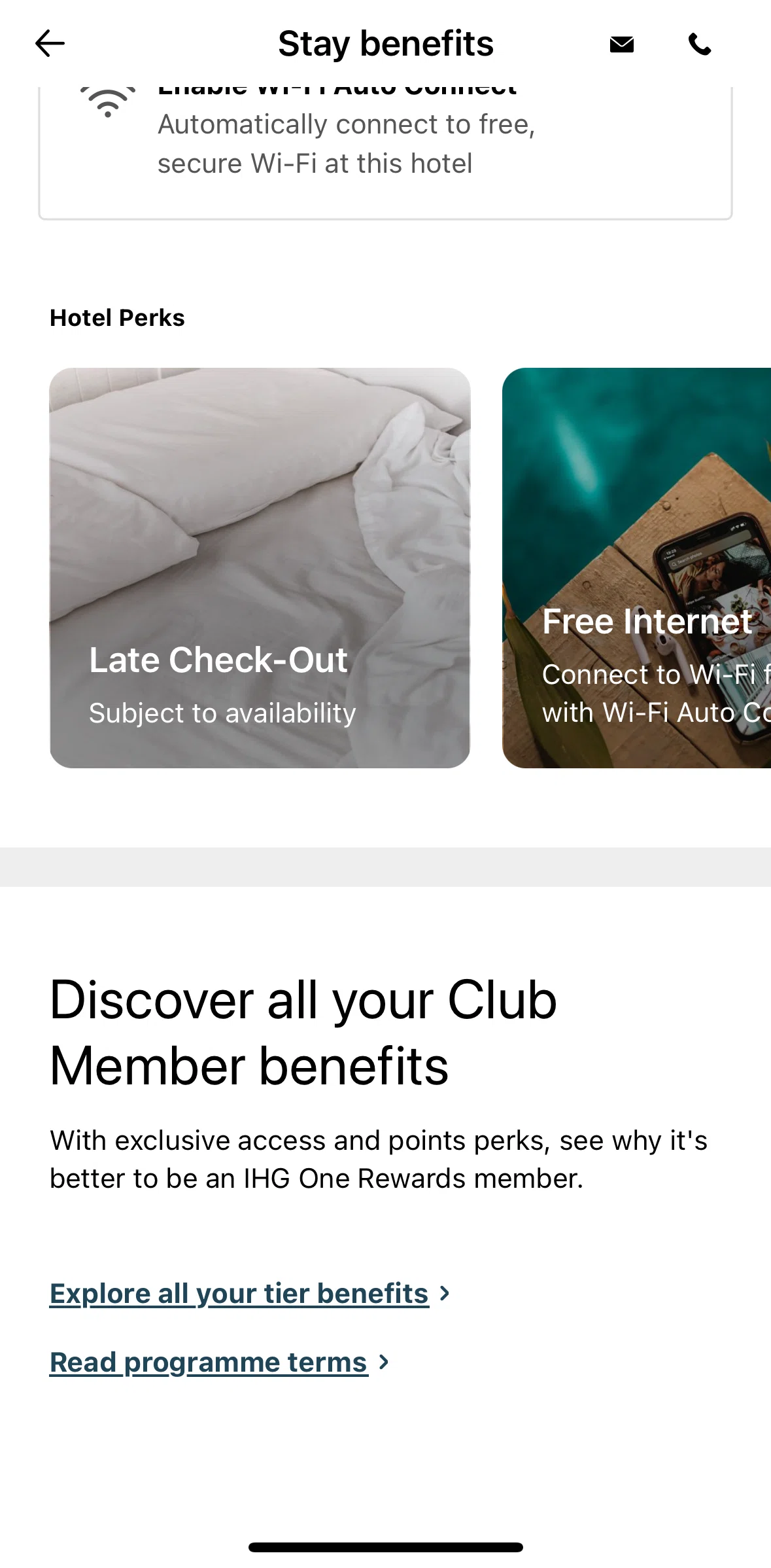 IHG Hotels & Rewards Screen screen in the Explore all tier benefits flow