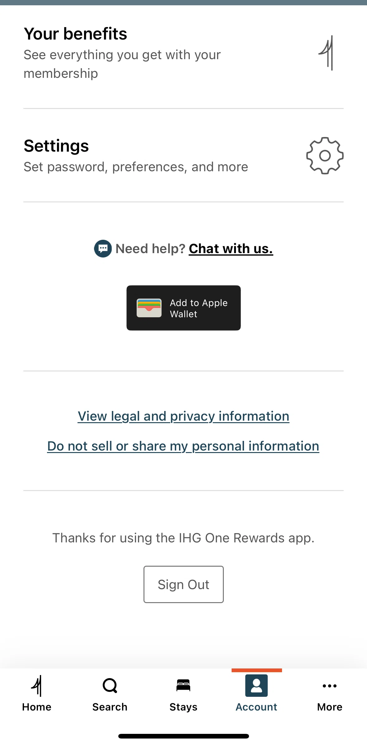 IHG Hotels & Rewards Screen screen in the Logging out flow