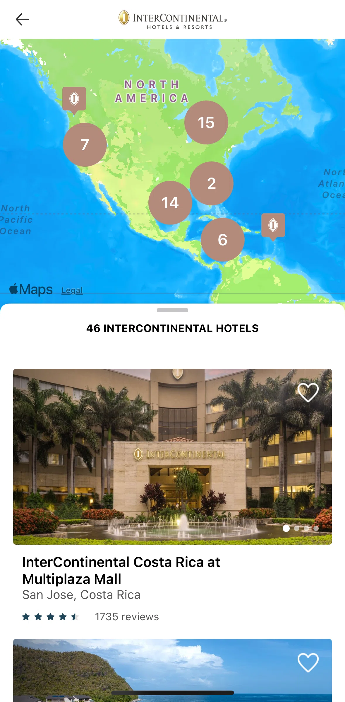 IHG Hotels & Rewards Screen screen in the Select a hotel (map view) flow