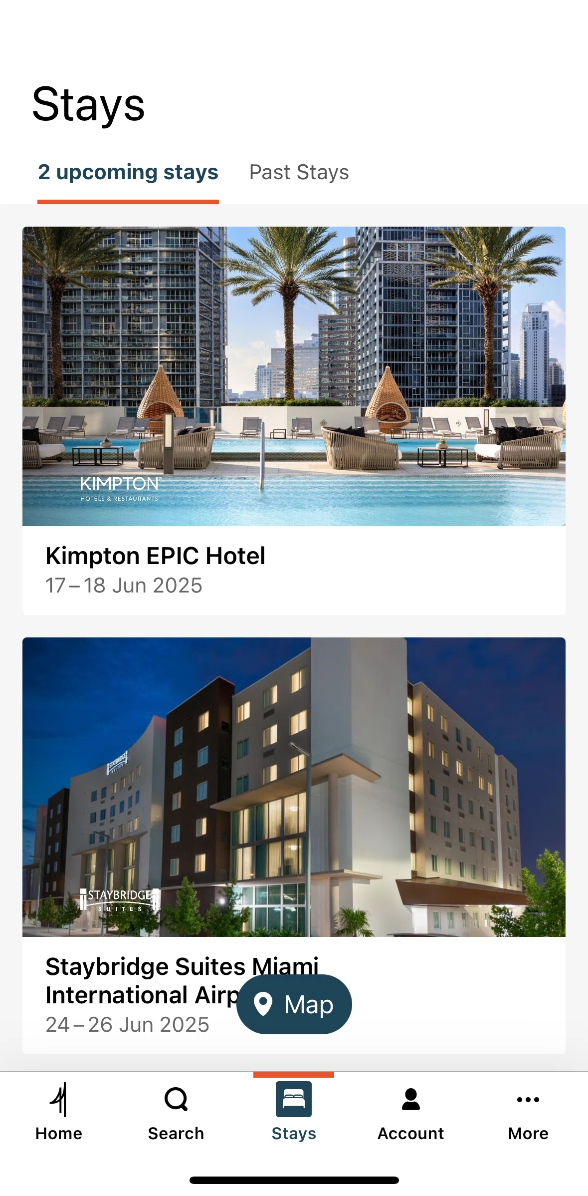 IHG Hotels & Rewards Screen screen in the Switching to map view (stays) flow