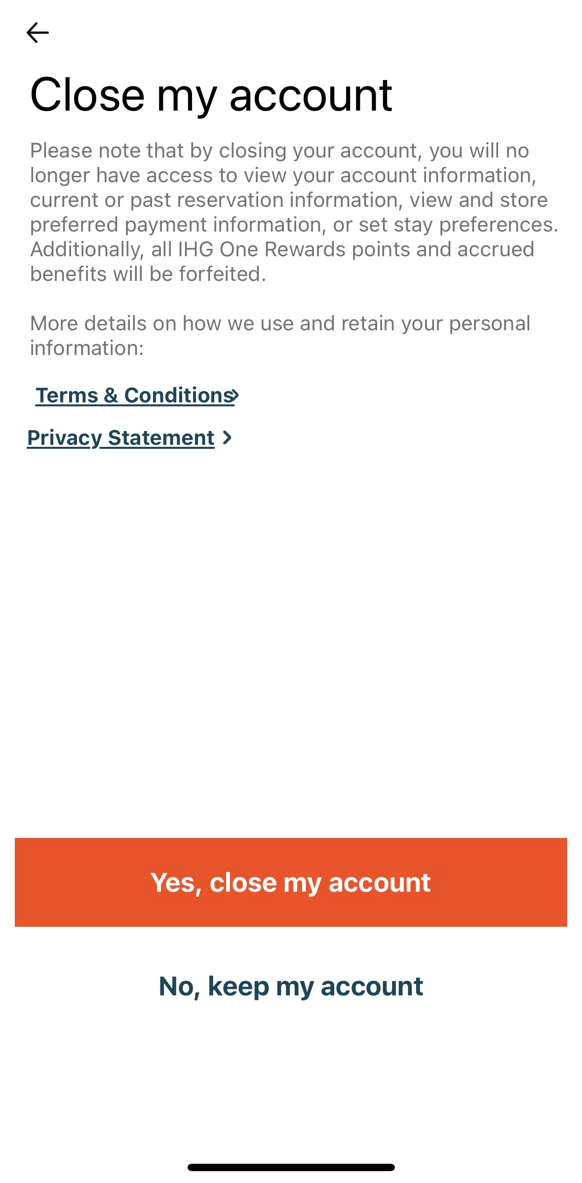 IHG Hotels & Rewards Screen screen in the Terms and conditions flow