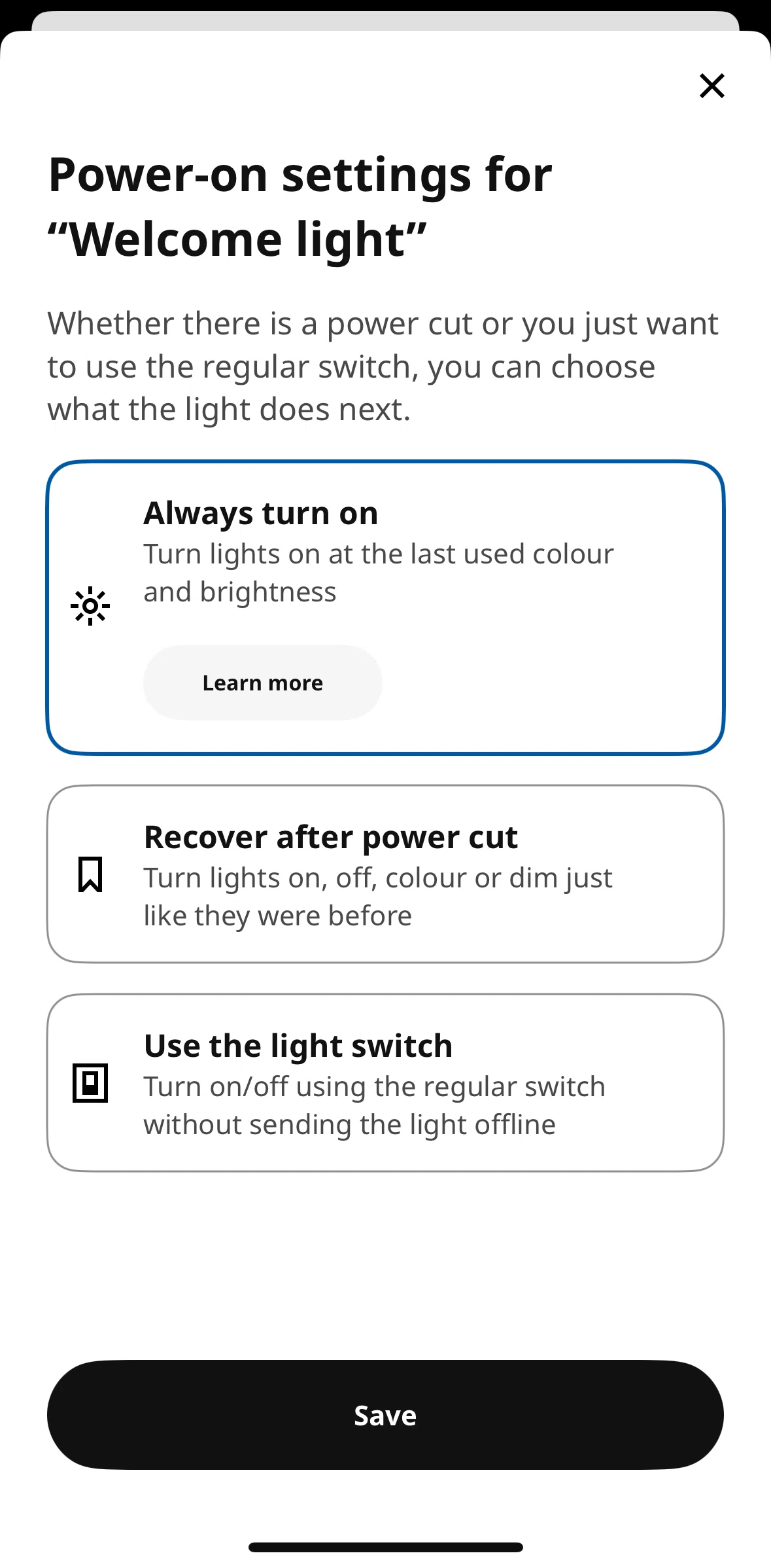 IKEA Home smart Screen screen in the Power-on settings information flow