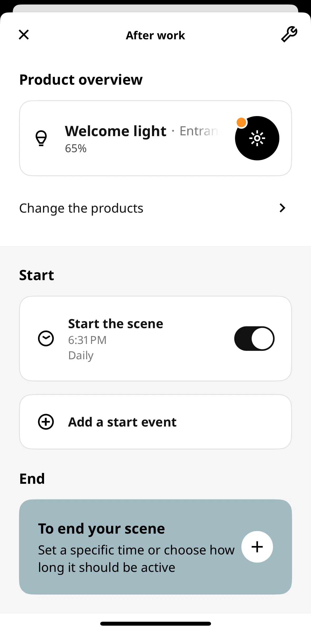 IKEA Home smart Screen screen in the Setting an end time flow