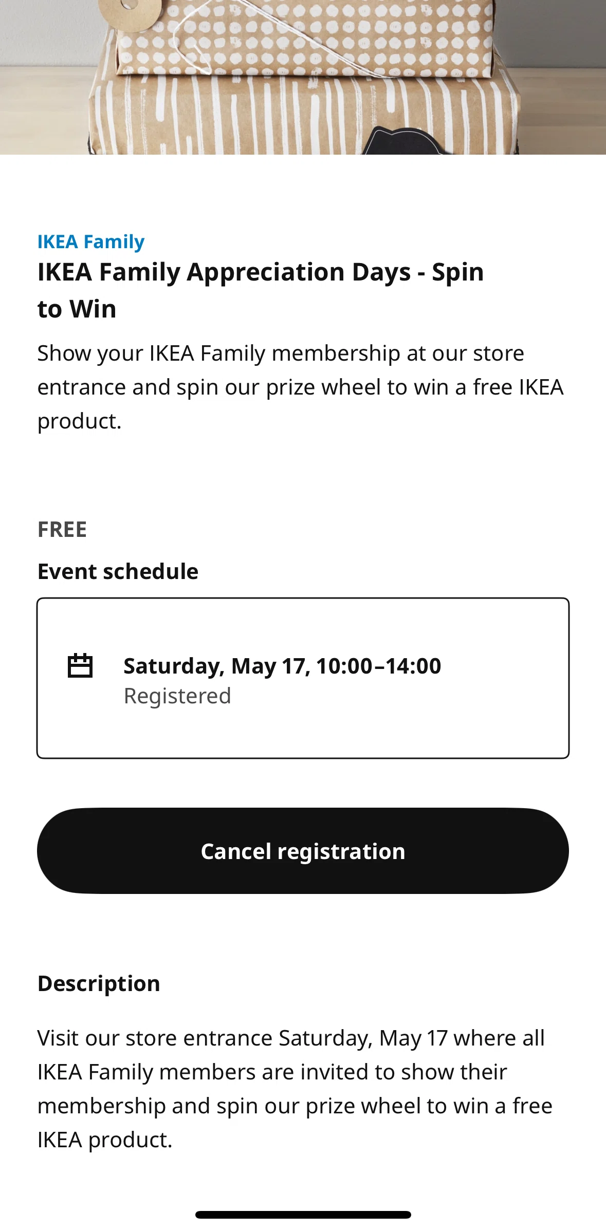 Ikea Screen screen in the Canceling a registration flow