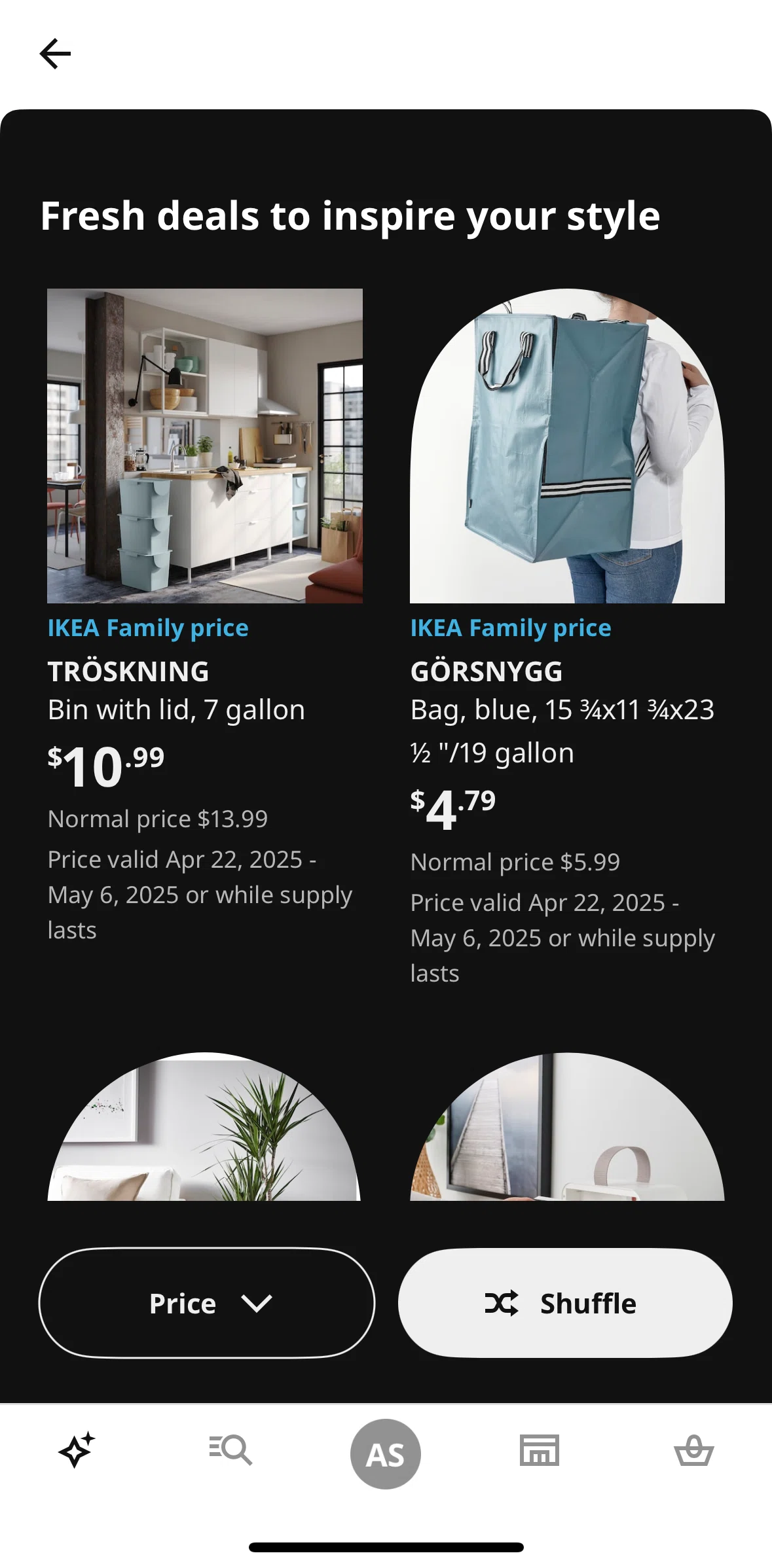 Ikea Screen screen in the Filtering deals (price) flow